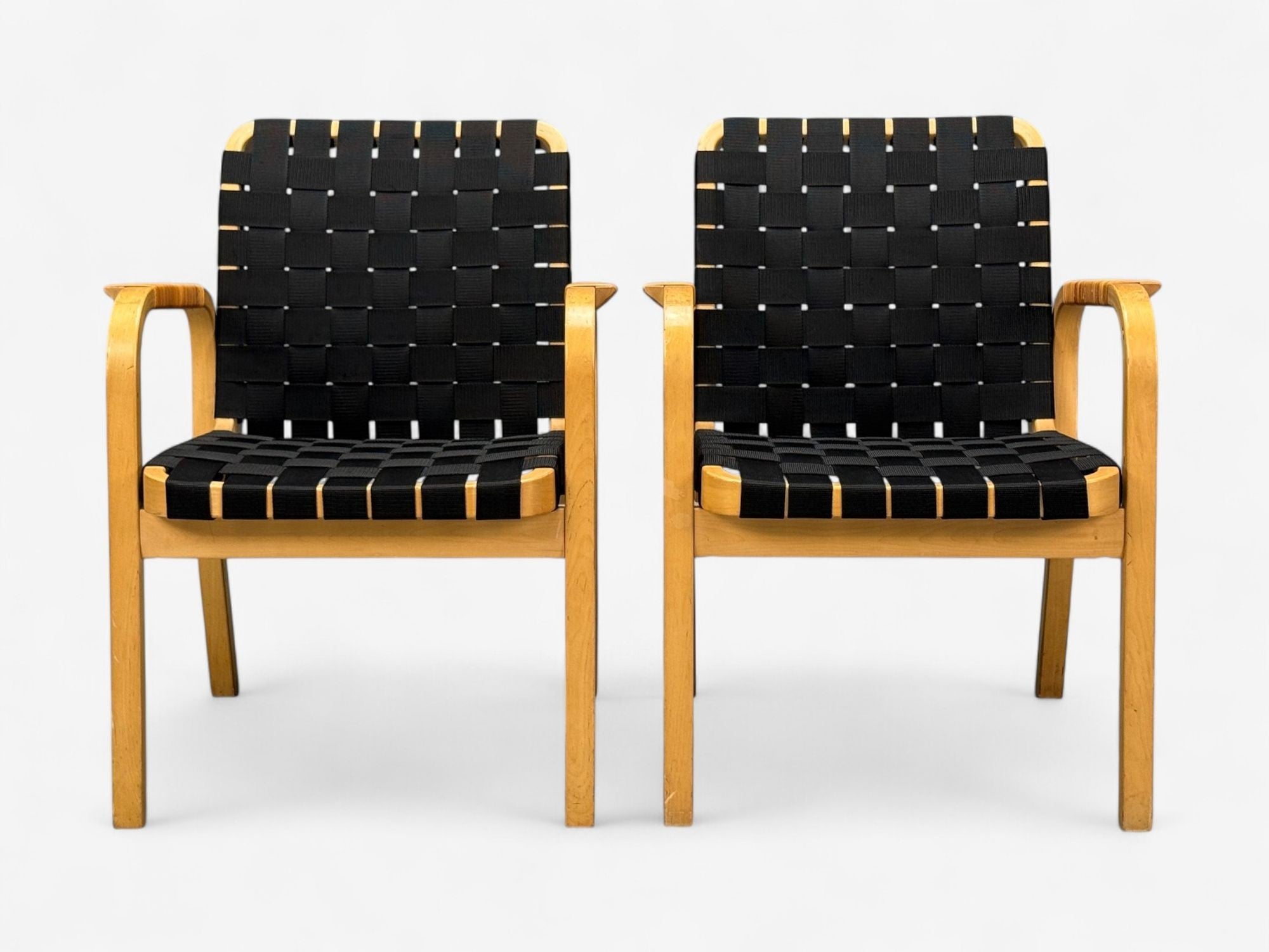 Alvar Aalto, Birch, Rattan, Black Linen Webbing, Armchairs, Finland, 1980s