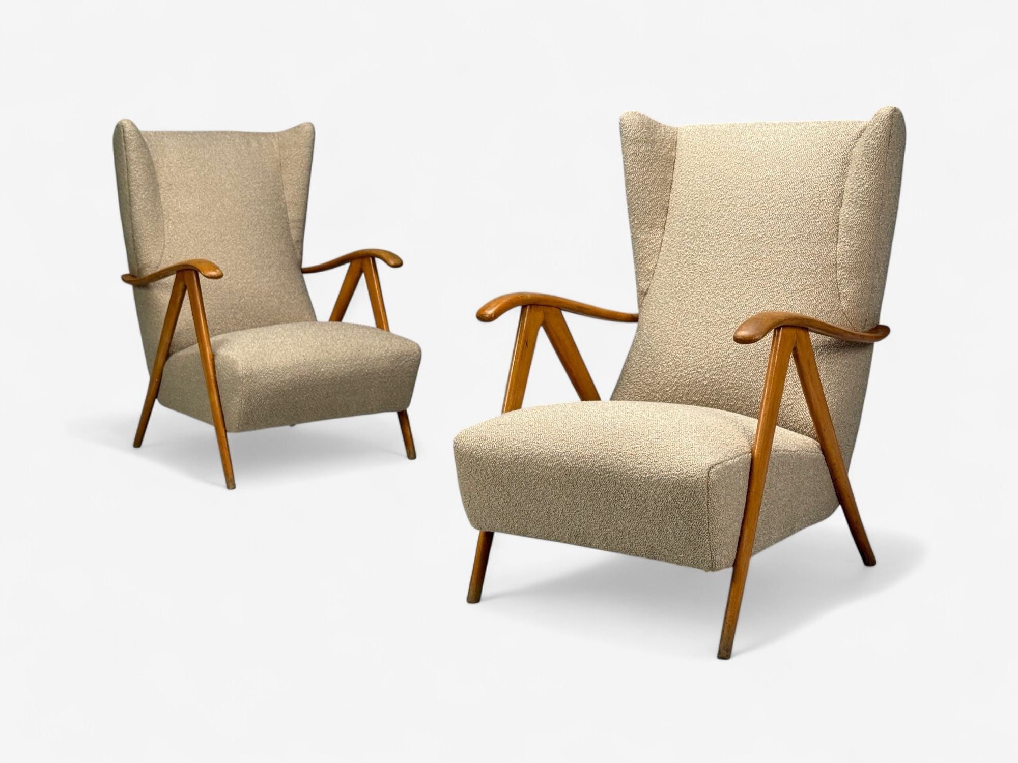 Italian Modern, Beige Boucle, Wood, Sculptural Lounge Chairs, Italy, 1960s