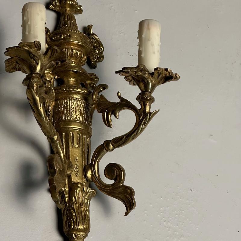 Pair of Louis XVI / Adams Style Bronze Ornate Sconces, Two Light, France, 1940s