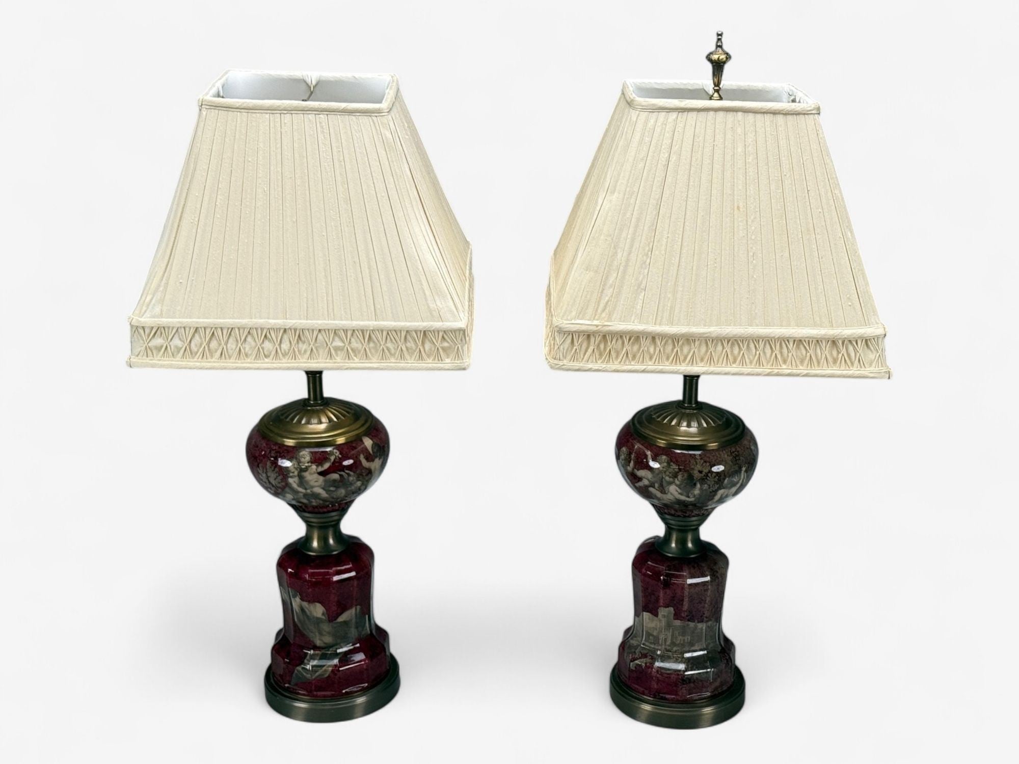 Neoclassical, Cranberry Glass, Decoupage Cherub Table Lamps, USA, 1930s