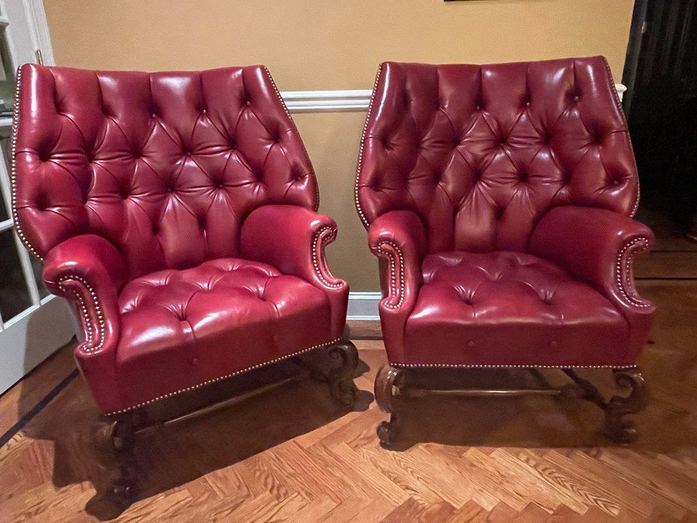 Pair Oversized Tufted Leather Wingback Lounge Chairs, Georgian, Finest Quality