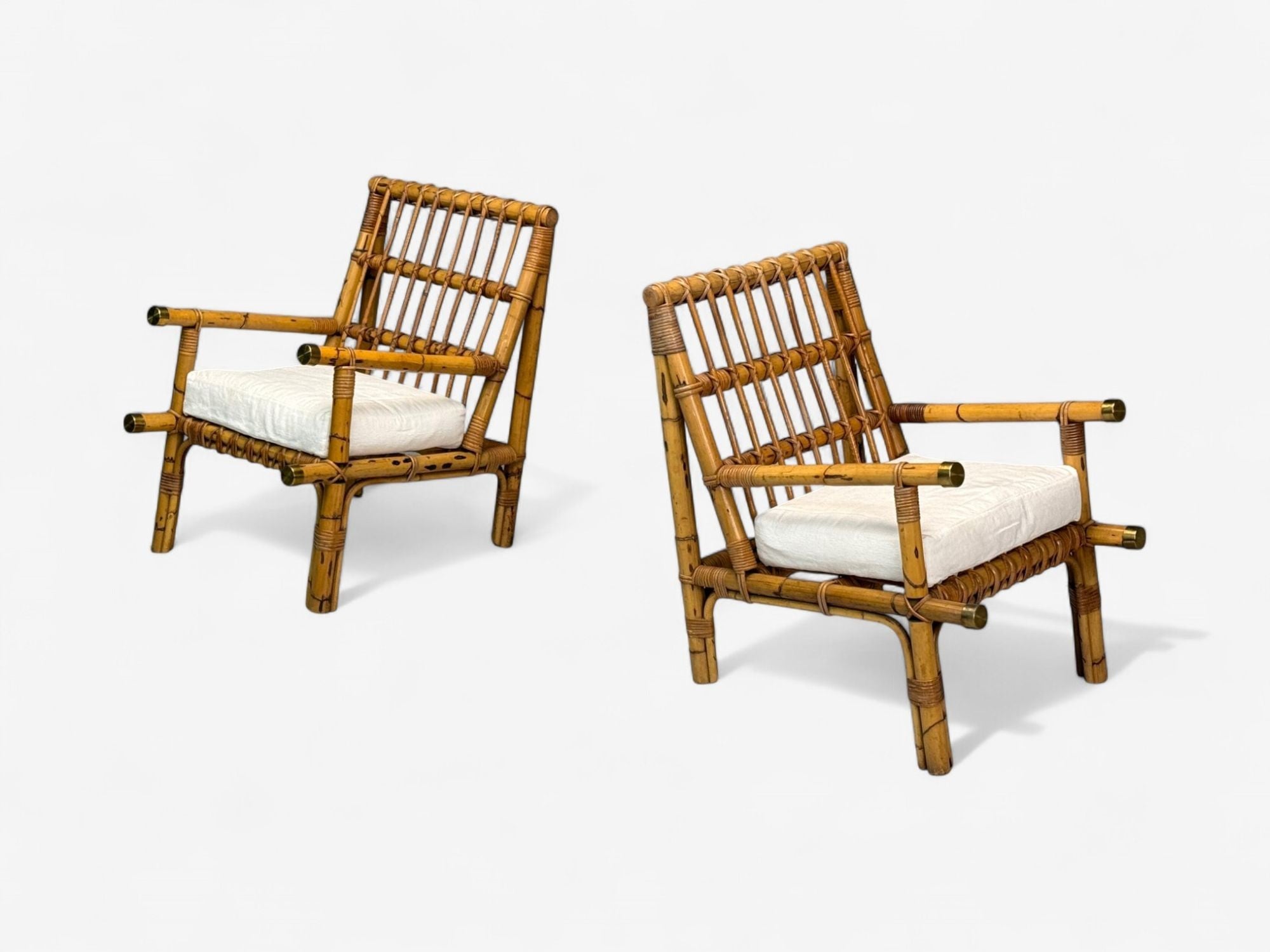 Vivai del Sud attr., Indian Cane, Wicker, Brass, Lounge Chairs, Italy, 1970s
