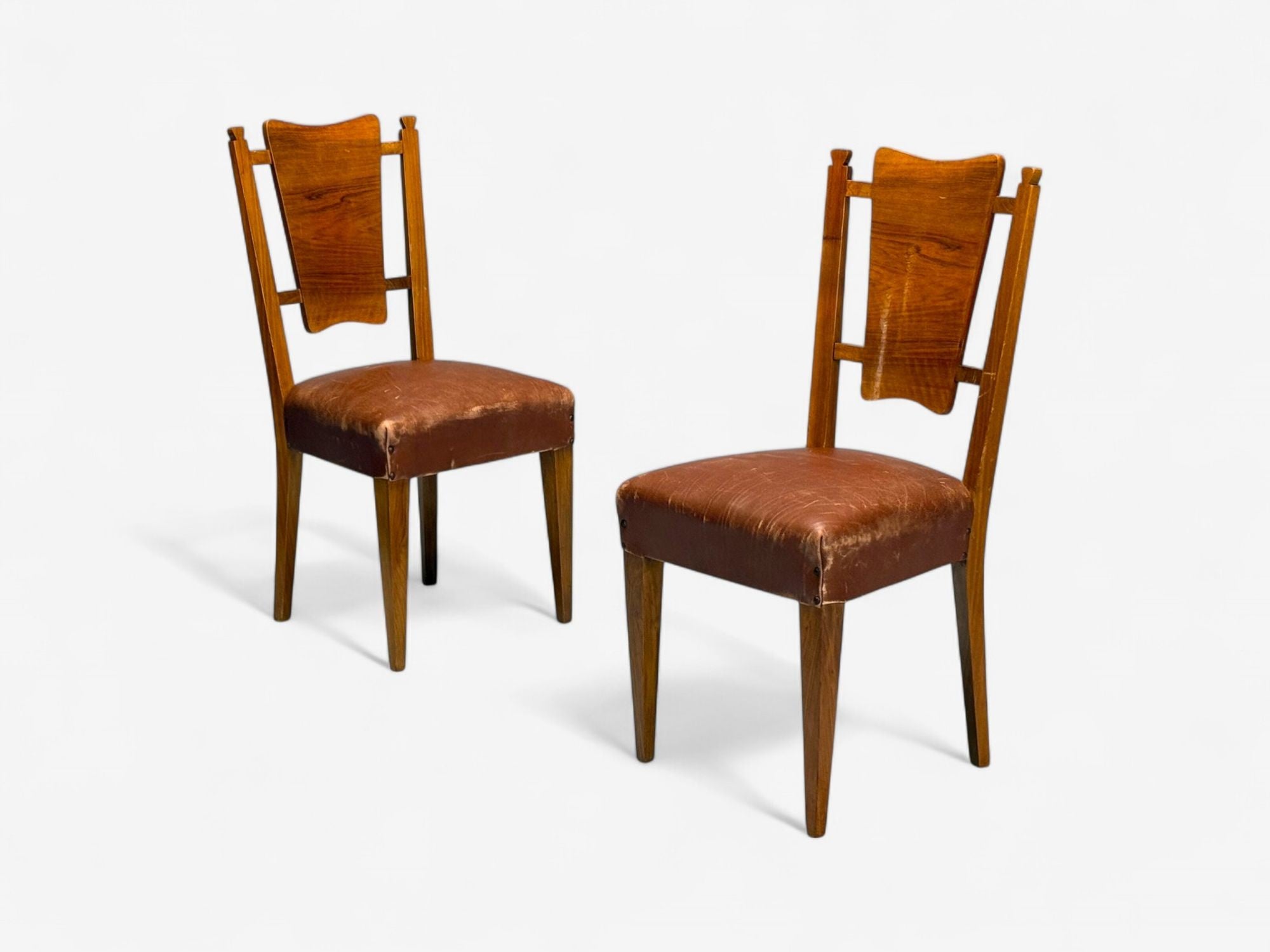 Italian Modern, Walnut, Leatherette, Eight Dining Chairs, Italy, 1950s