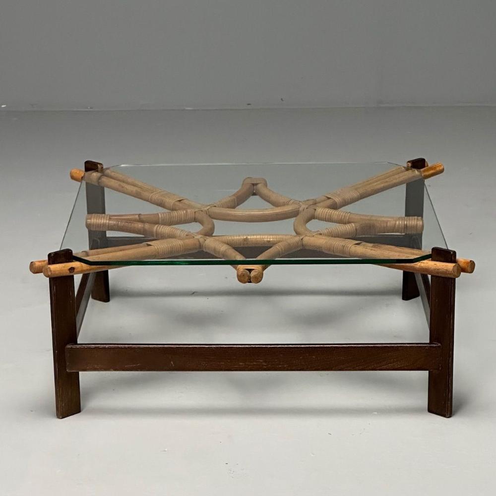 ISA, Italian Mid-Century Modern, Square Coffee Table, Wood, Bamboo, Cane, 1980s