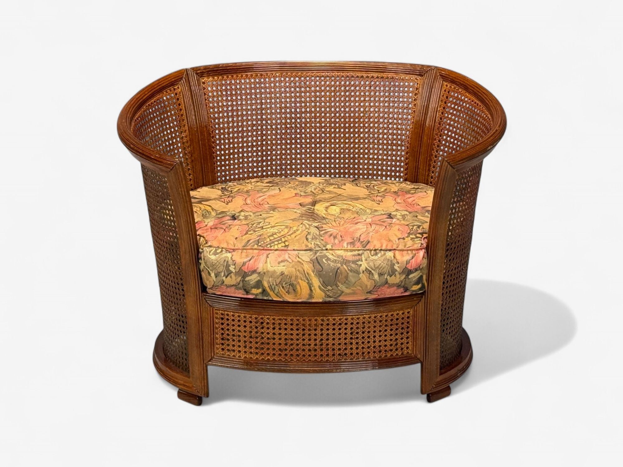 Traditional, Cane, Walnut, Barrel Back Armchair, USA, 1980s