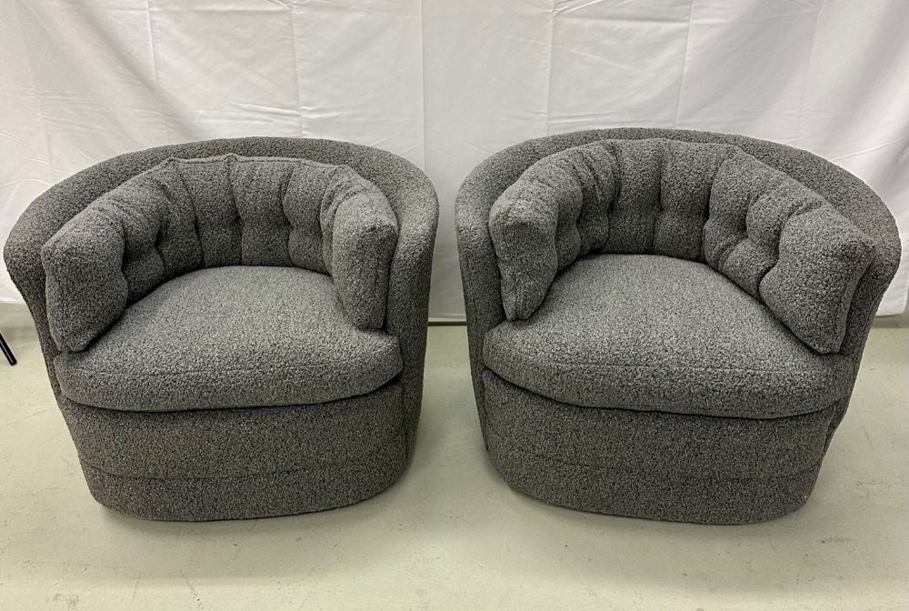 Mid-Century Modern Style Swivel, Rolling Lounge Chairs, Baughman Style, Boucle