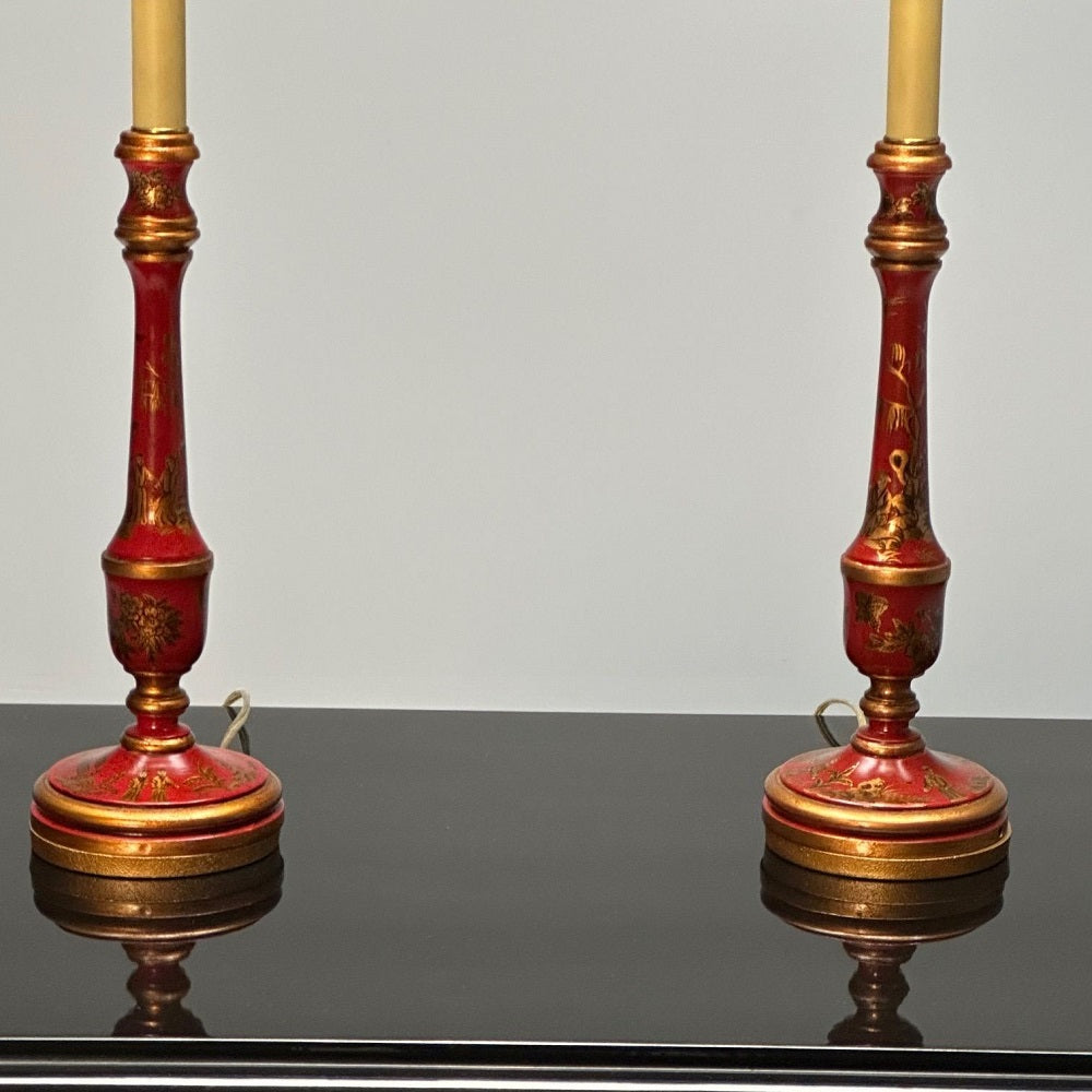 Chinoiserie, Table, Desk Lamps, Red Jappanned Wood, Giltwood, 1940s