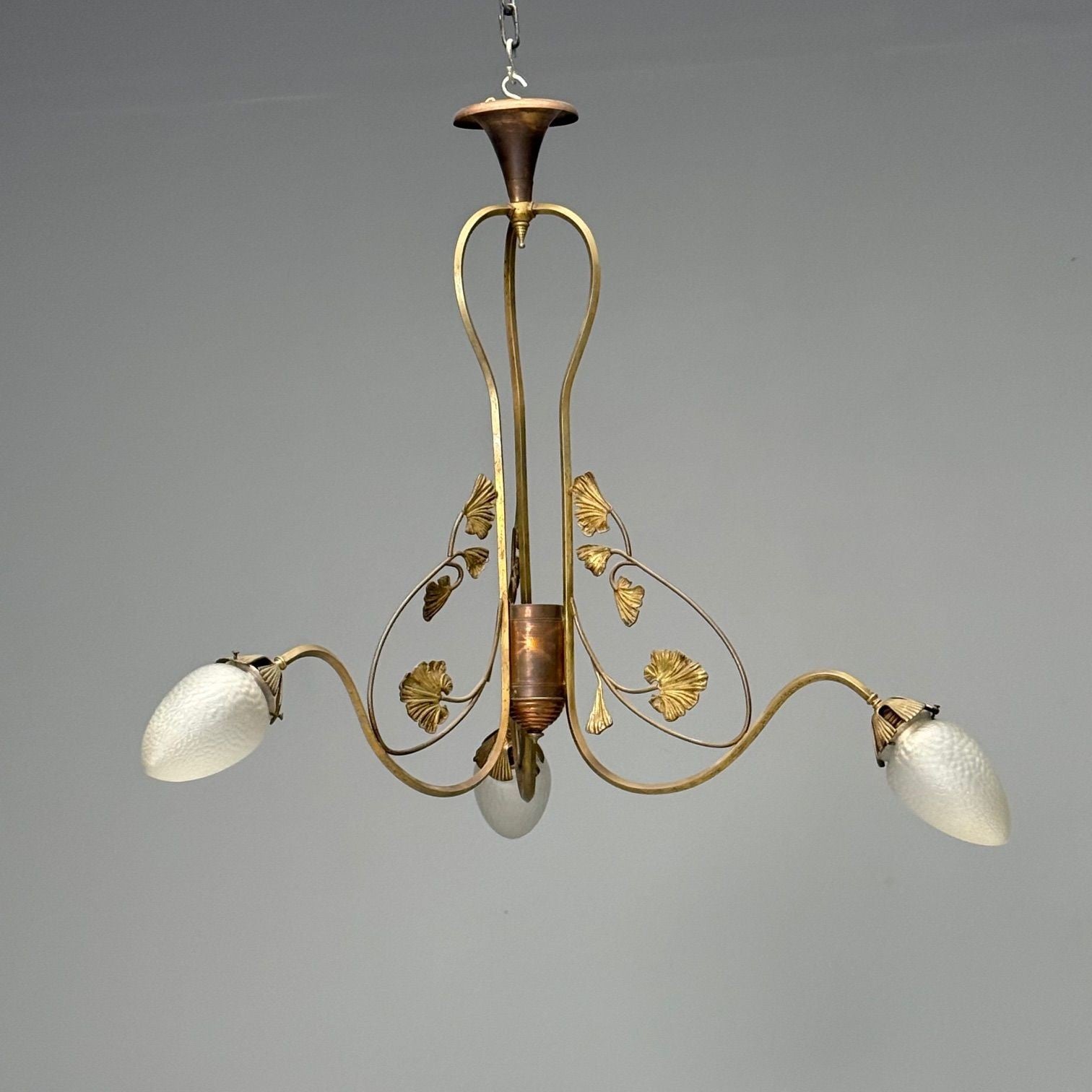 Italian Mid-Century Modern, Floral Chandelier, Brass, Copper, Italy, 1920s