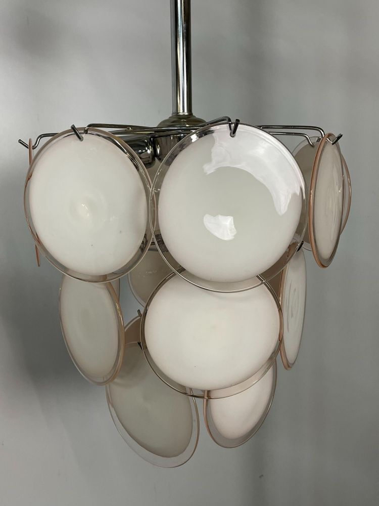 Pair of Mid-Century Modern Style Small Pink Murano Glass Disk Chandeliers