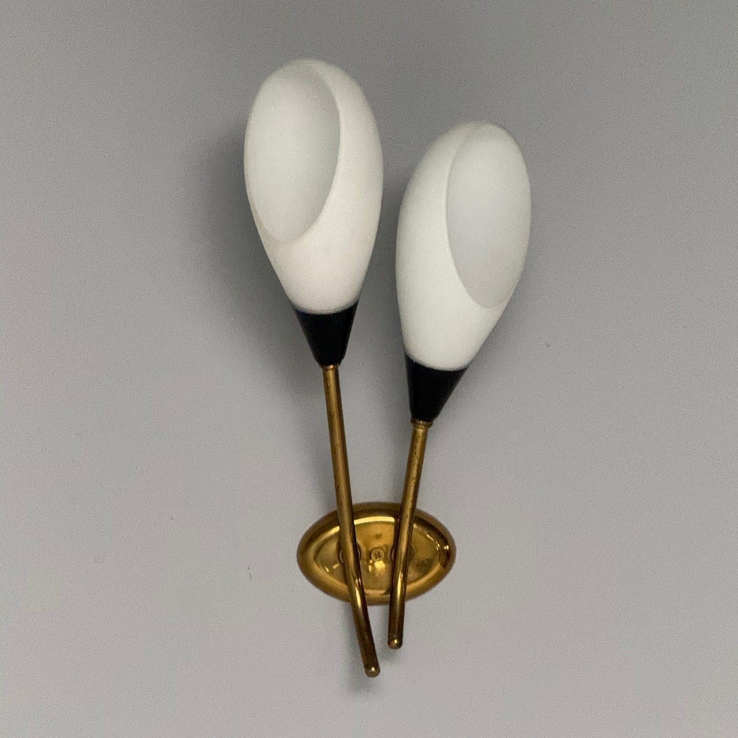 Italian Mid-Century Modern, Wall Sconces, Patinated Brass, Opaline Glass, Italy, 1950s