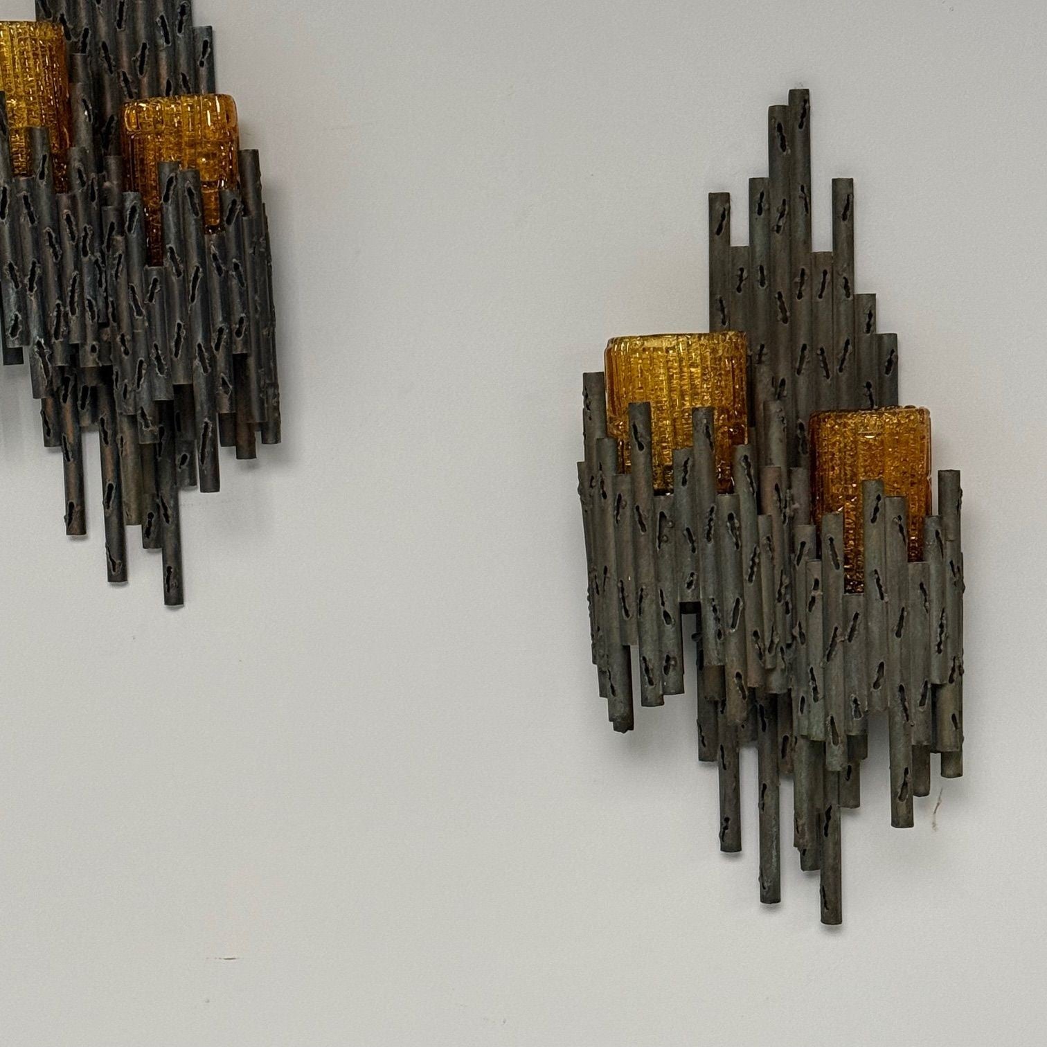 Marcello Fantoni, Brutalist Mid-Century Modern Wall Sconces, Wrought Iron, Glass