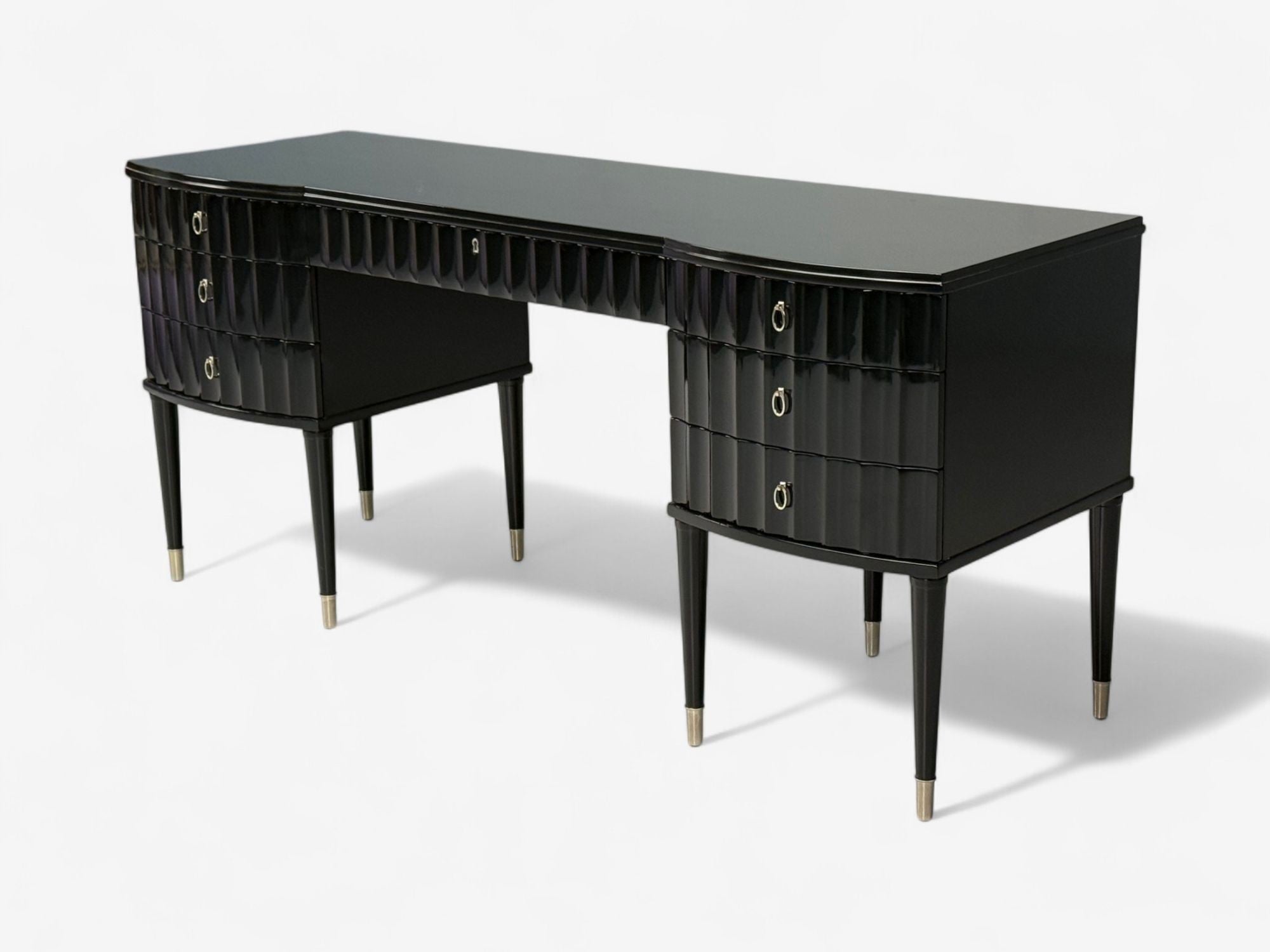 Baker, Hollywood Regency, Black Lacquer, Chrome, Writing Desk, USA, 21st C.