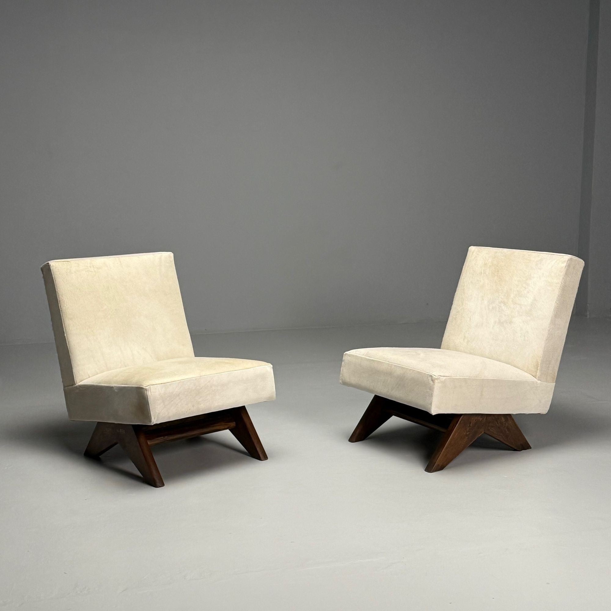 Pierre Jeanneret, White Cowhide, Teak, Fireside Chairs, India c. 1960s