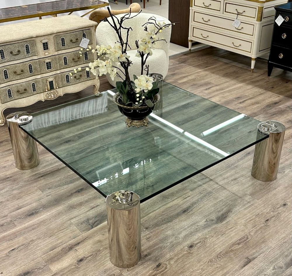 Mid-Century Modern Karl Springer Signed Chrome Coffee, Cocktail Table, Glass Top