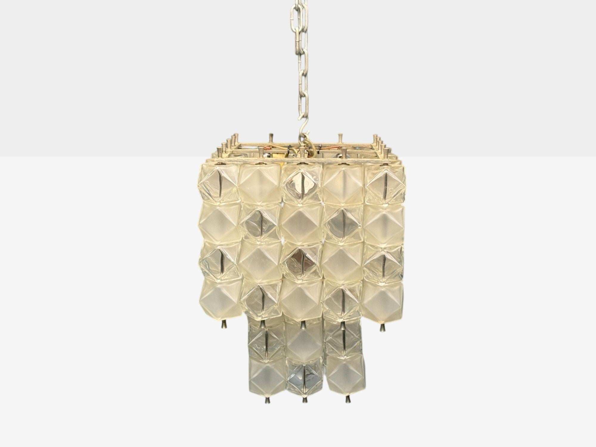 Venini Poliedri, Faceted Glass, Metal, Geometric Chandelier, Italy, 1950s