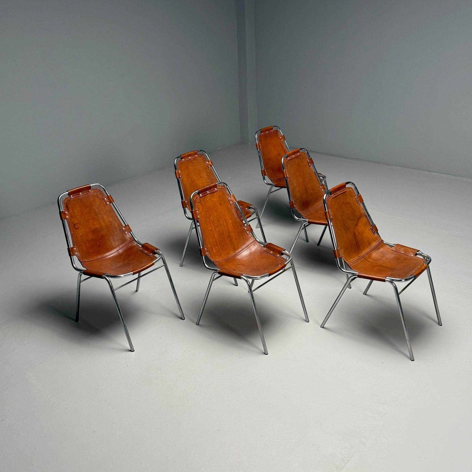 Charlotte Perriand, French Mid-Century Modern, Dining Chairs, Distressed Leather