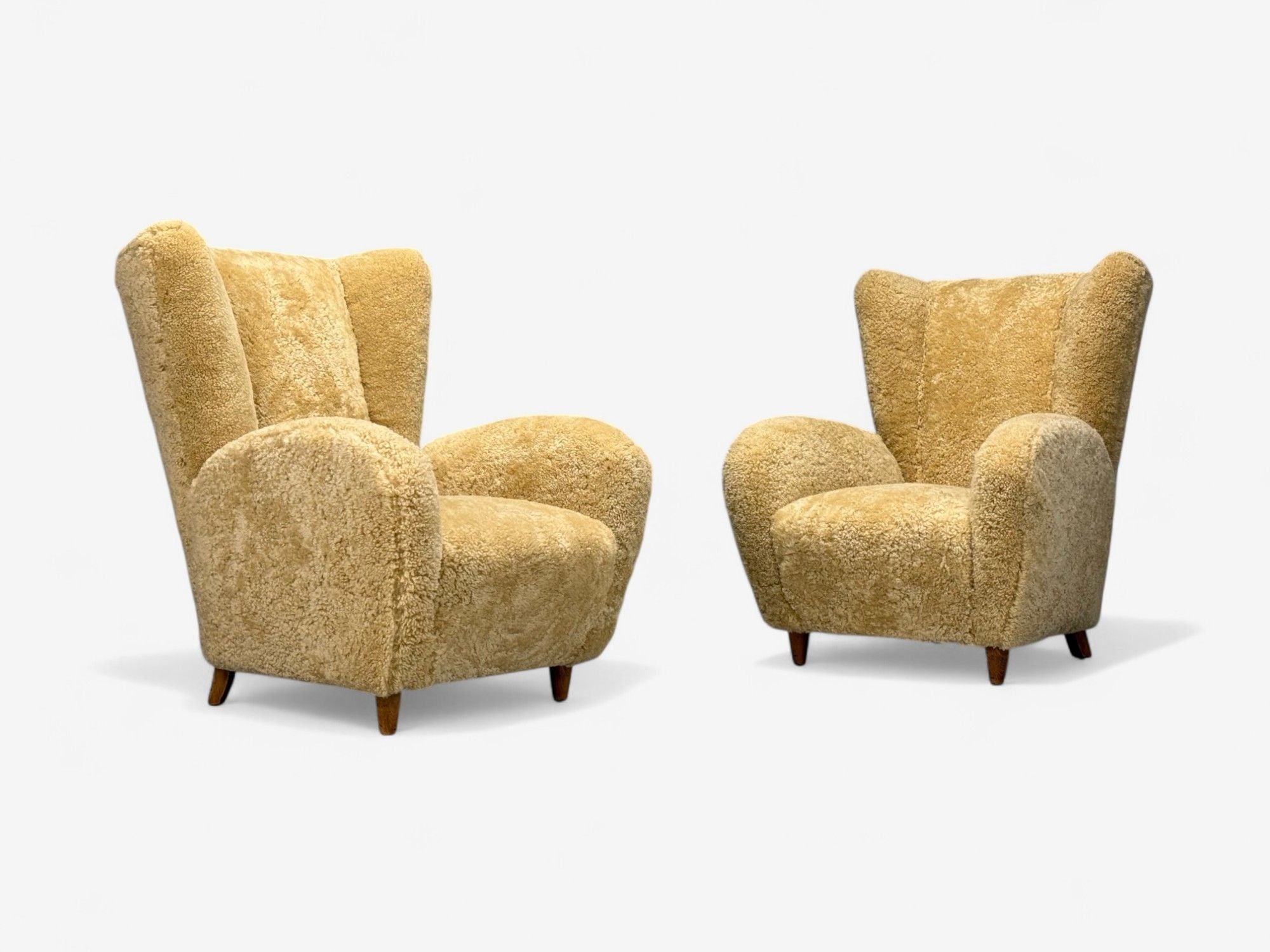 Meroni & Fossati, Beige Shearling, Stained Wood, Lounge Chairs, Italy, 1950s