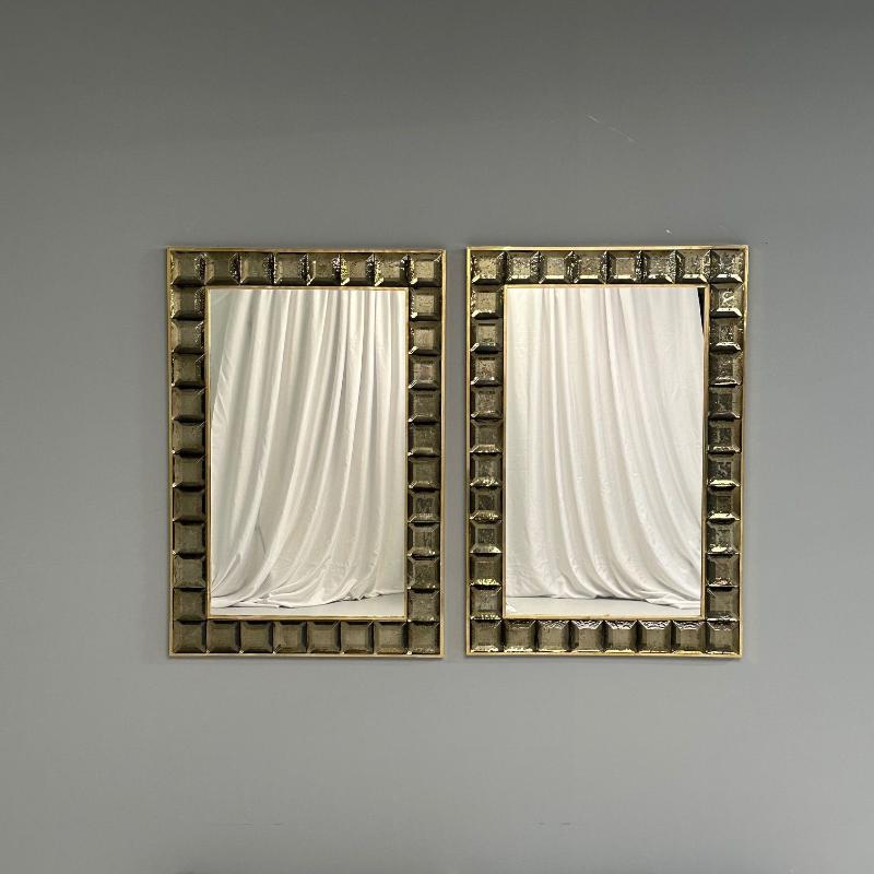 Contemporary, Wall Mirrors, Bronze Faceted Square Murano Glass, Italy, 21st C.
