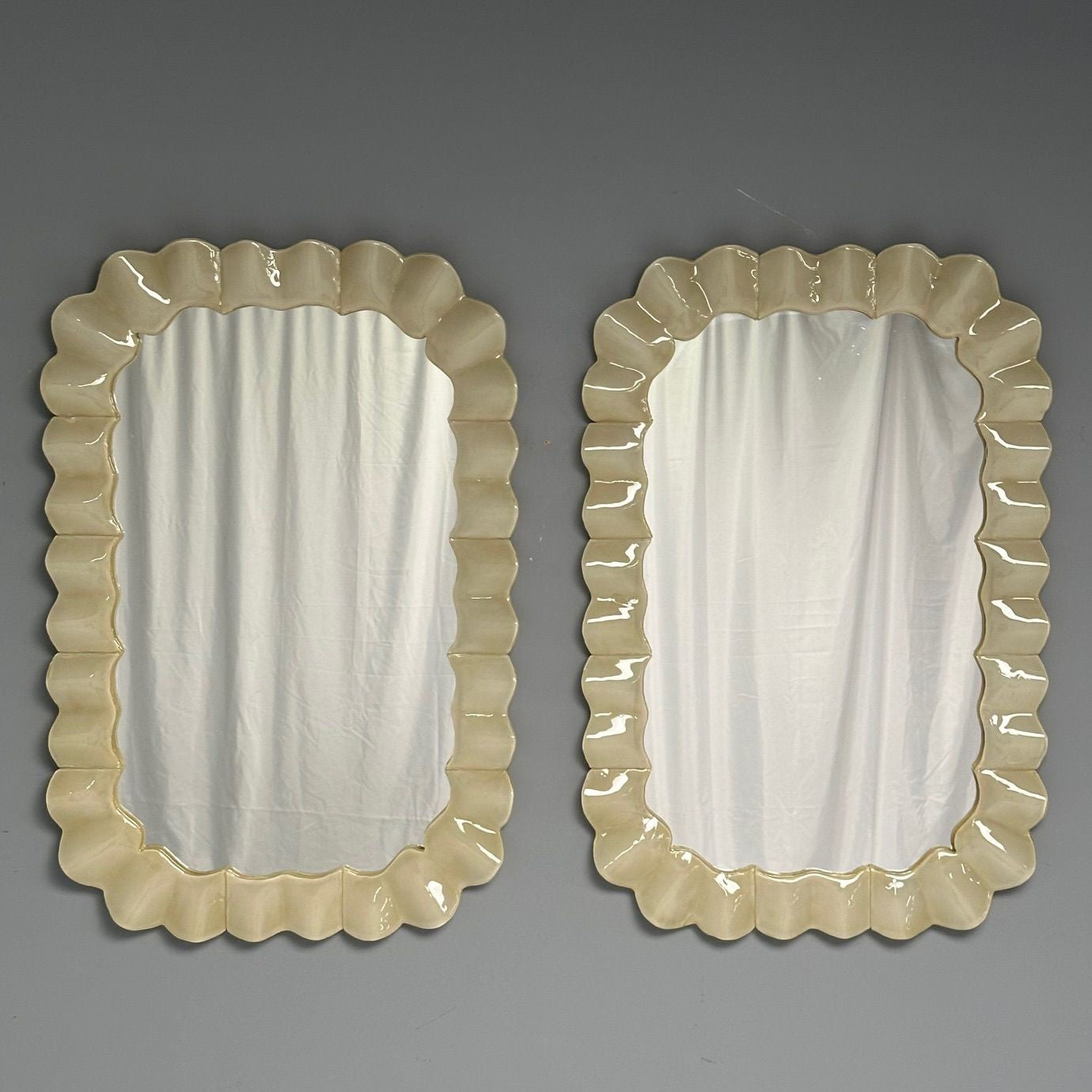 Modern Ruffle Wall Mirrors, White Murano Glass, Brass, Italy, 21st c.