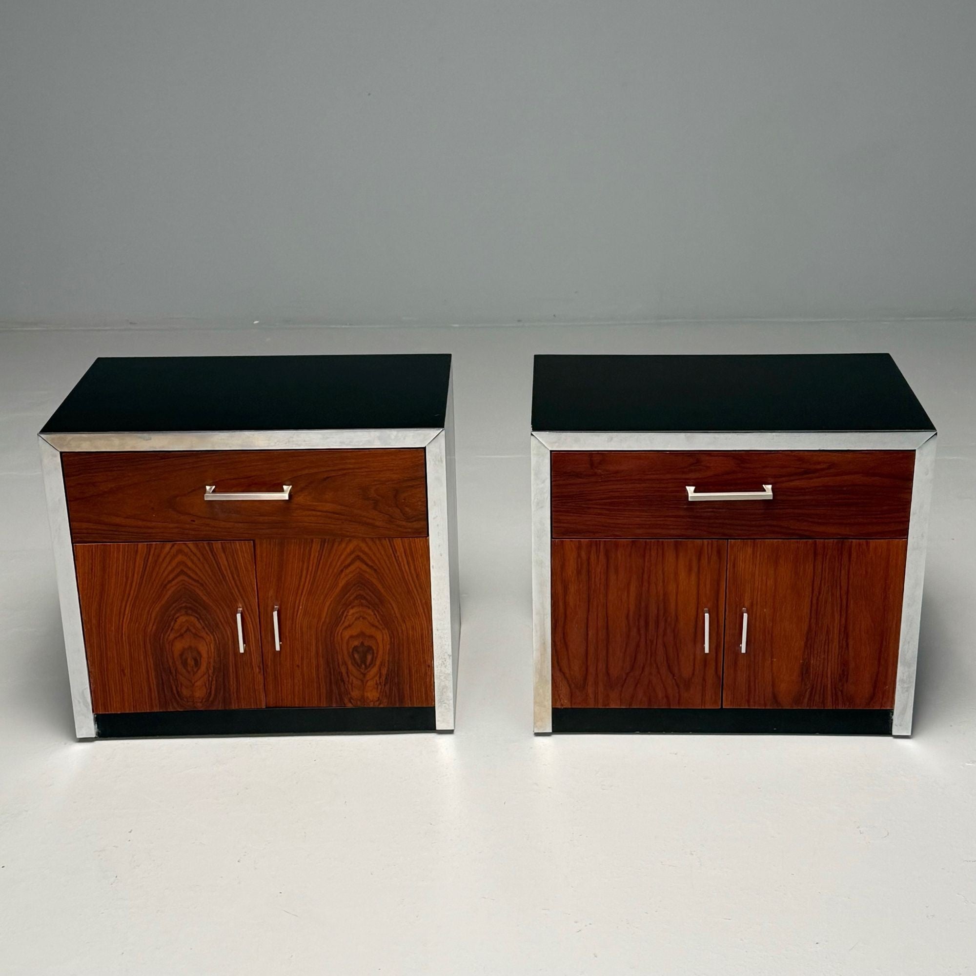 Milo Baughman Style, Mid-Century Modern, Nightstands, Rosewood, Chrome, 1970s