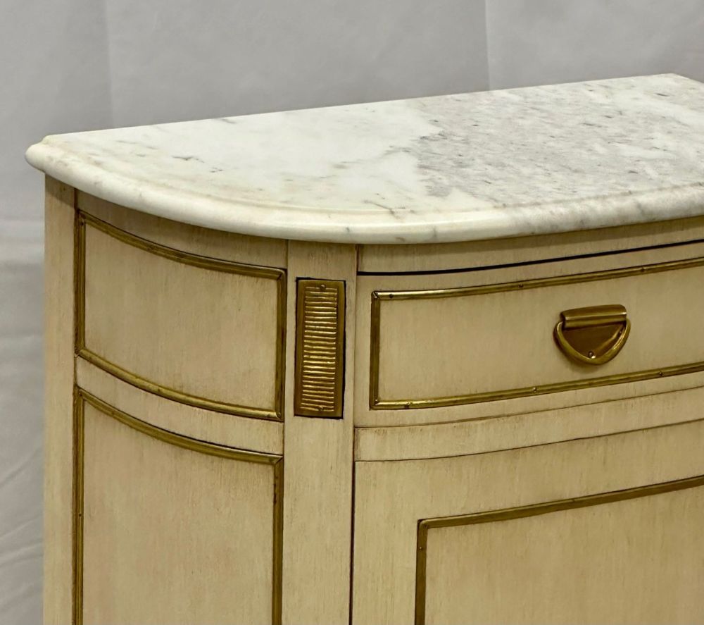 Pair of White Nightstand or End Tables / Side Tables, Marble Top Louis XV Style, Demi Lune