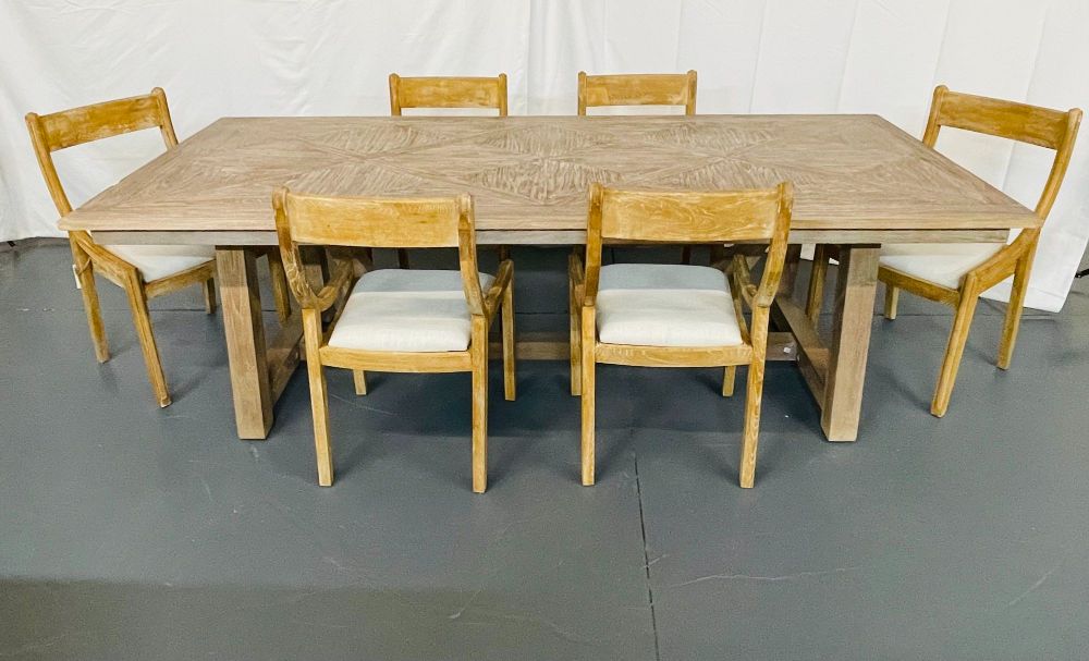 Set of 6 Farmhouse Modern Sleigh Back Dining / Side Chairs, Pickled Wood, Linen
