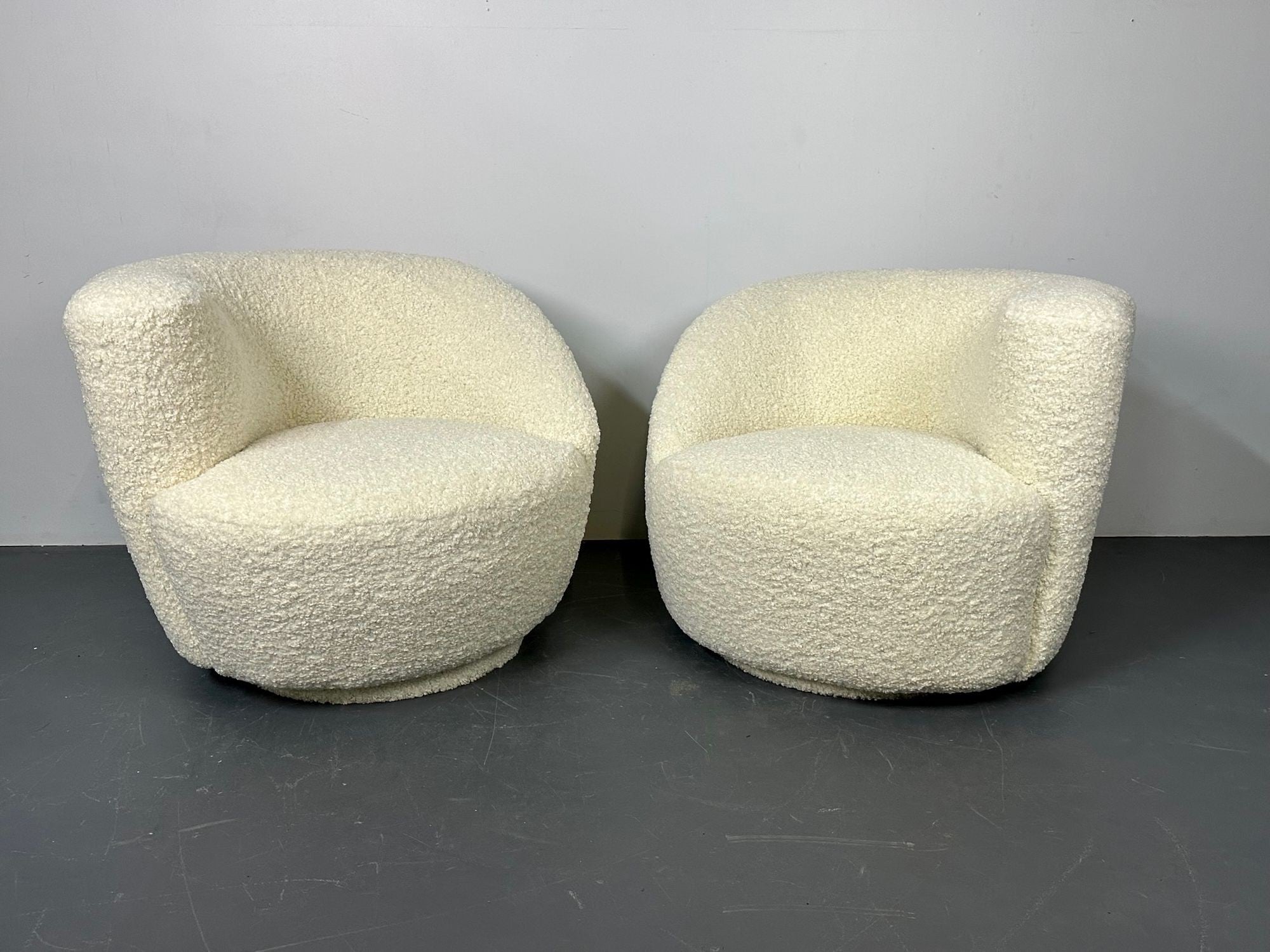 Mid-Century Modern Nautilus Style Swivel Chairs, Kidney-Shape, White Boucle