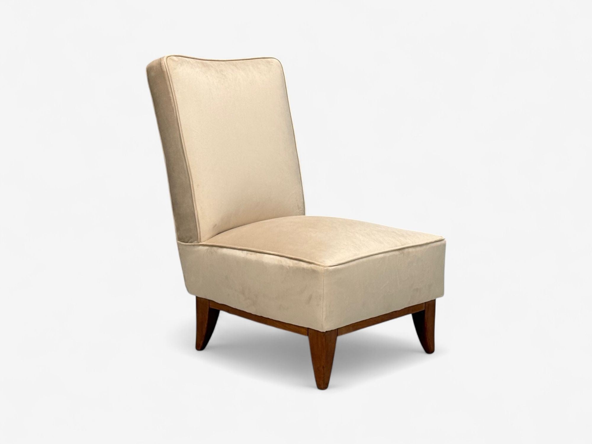 Guglielmo Pecorini, Stained Wood, Beige Velvet, Low Lounge Chair, Italy, 1950s