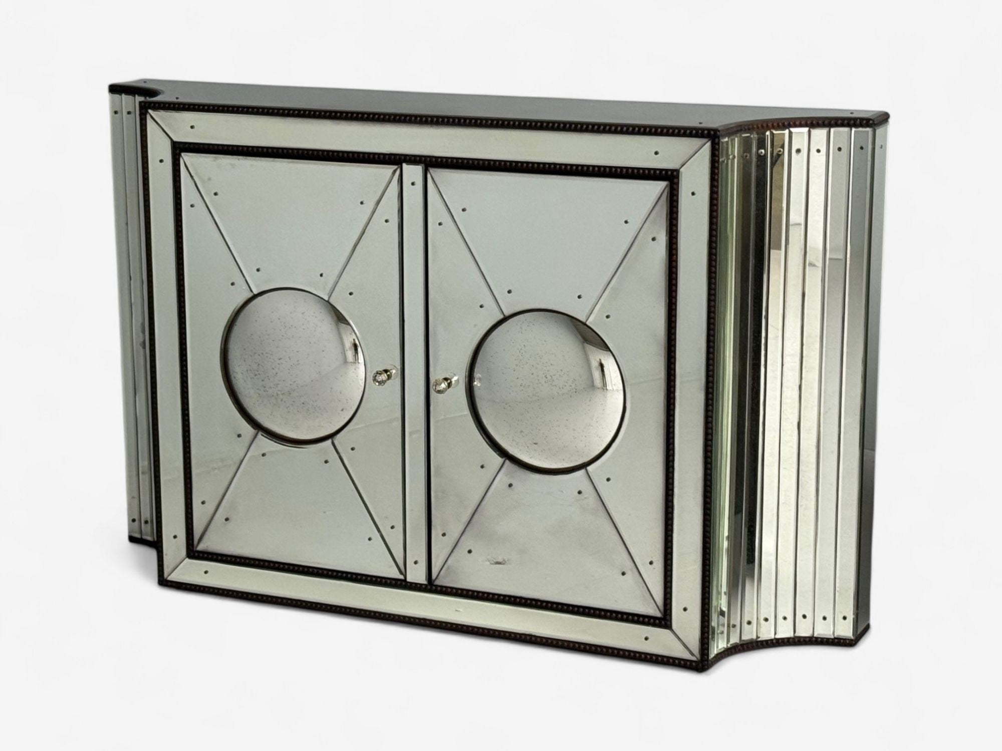 Art Deco Style, Antique Glass, Painted Wood, Concave Mirrored Cabinets