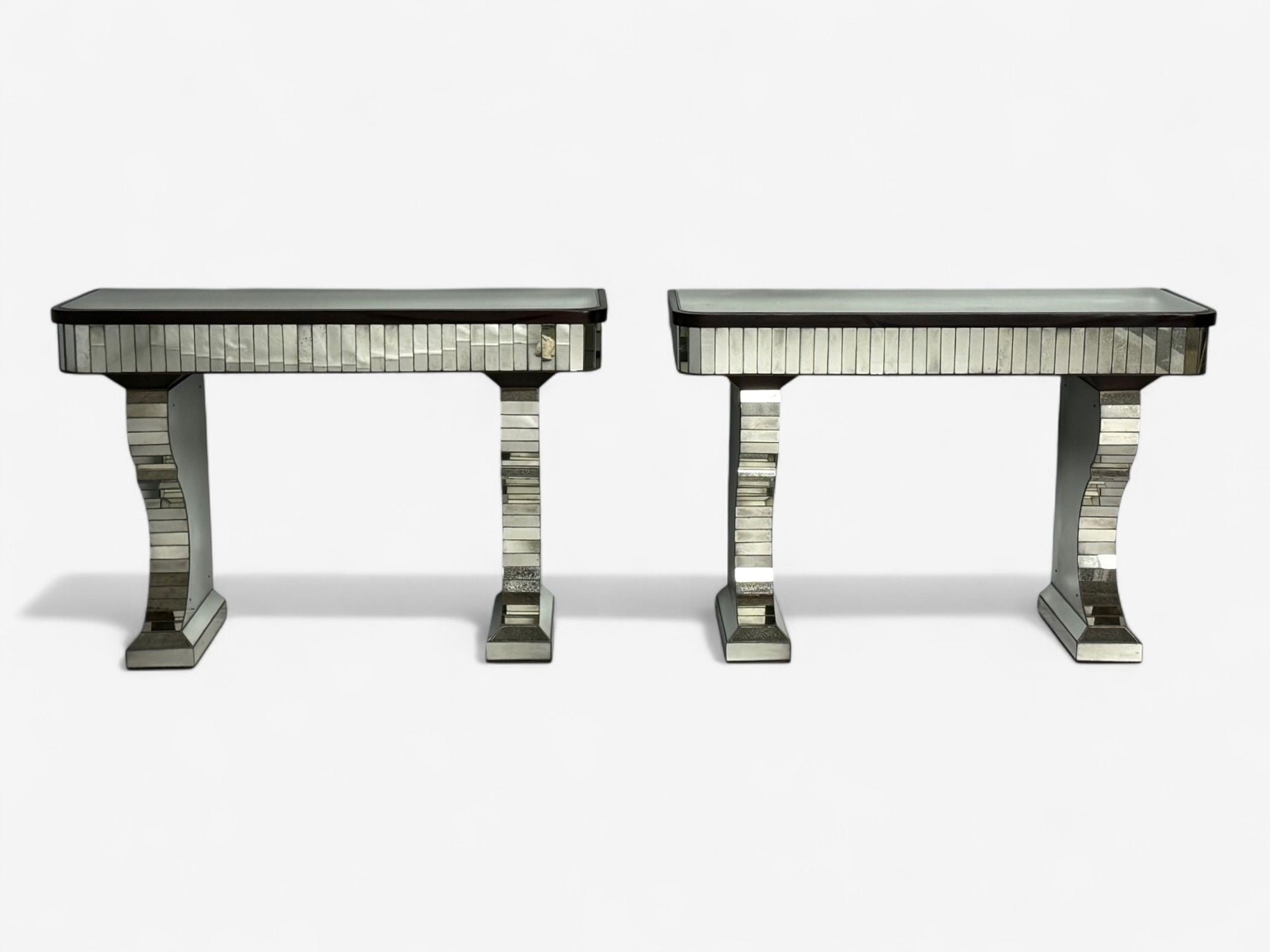Serge Roche Style, Distressed Glass, Painted Wood, Mirrored Console Tables