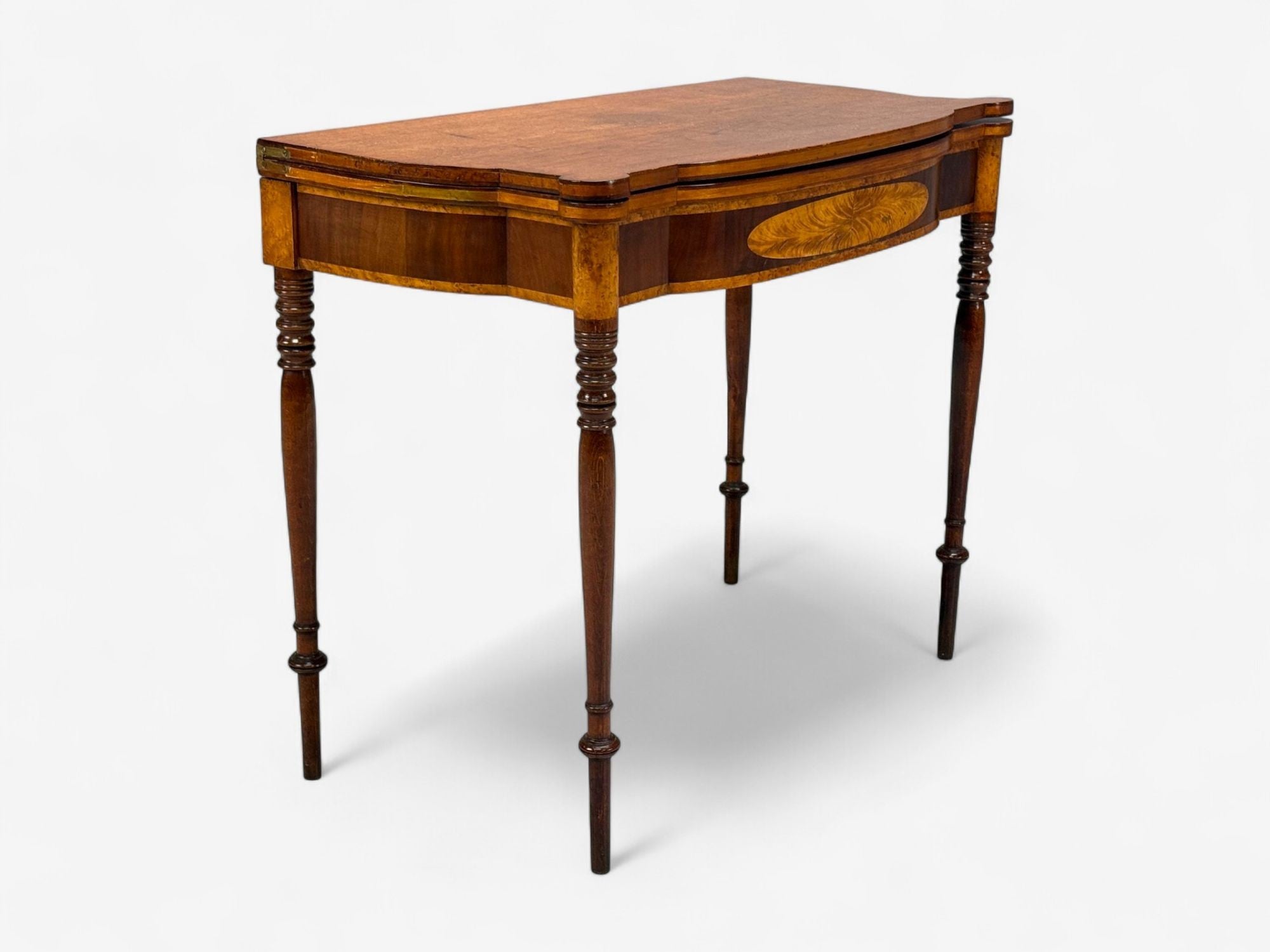 American Sheraton, Mahogany, Tulipwood, Serpentine Inlaid Card Table, USA, 1810