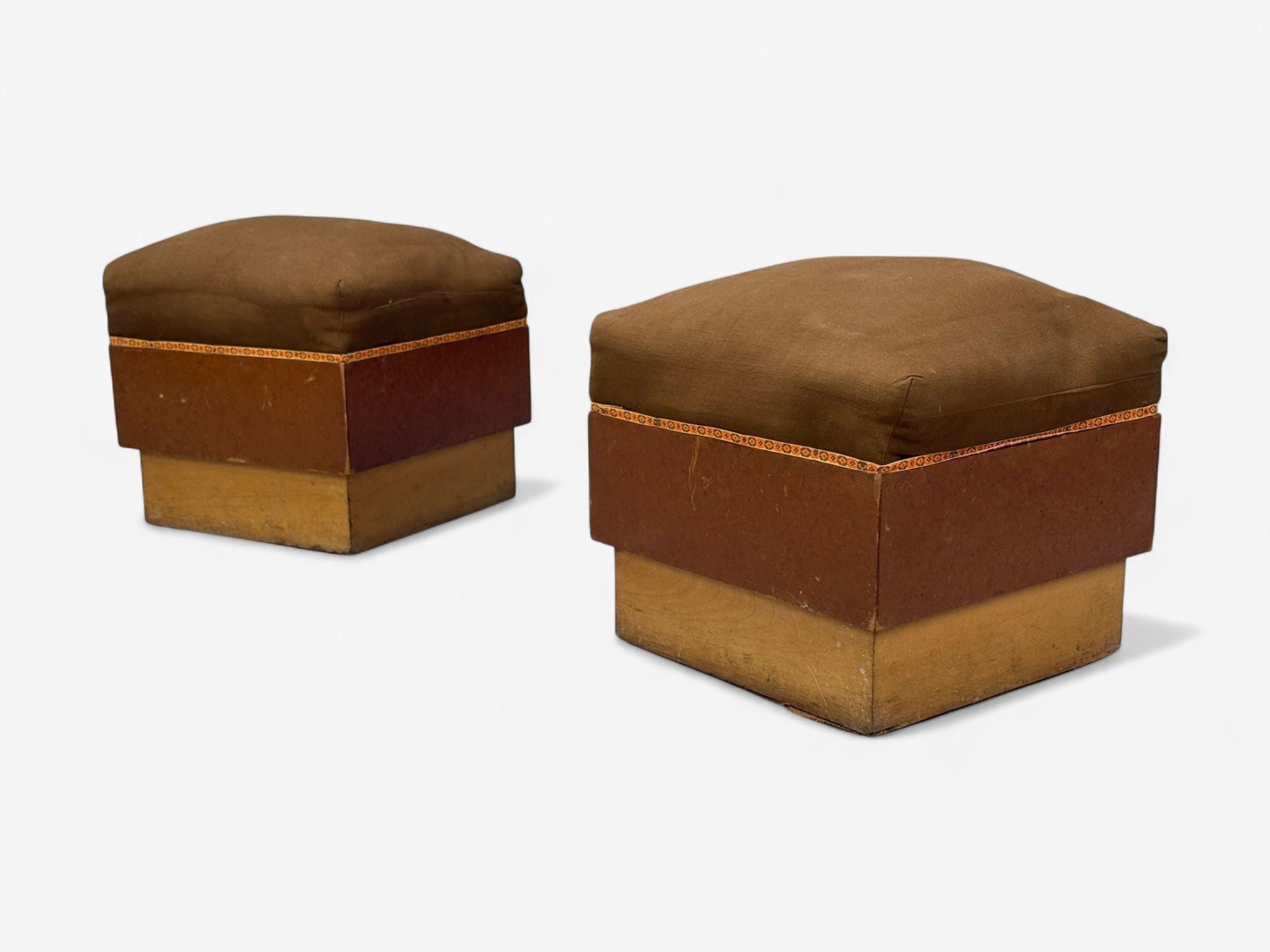 Italian Art Deco, Stained Wood, Brown Fabric, Ottomans or Poufs, Italy, 1930s
