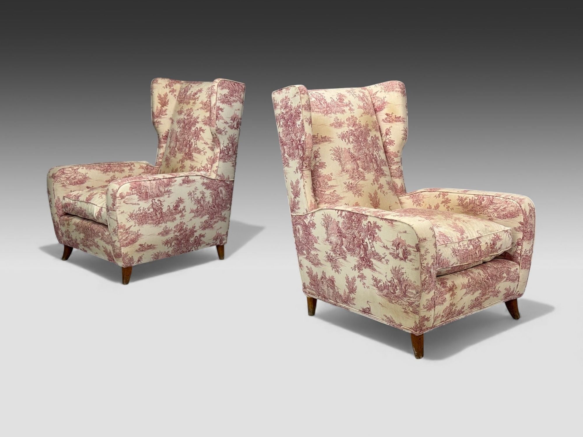 Italian Modern, Ashwood, Fabric, Large Wingback Chairs, Italy, 1950s