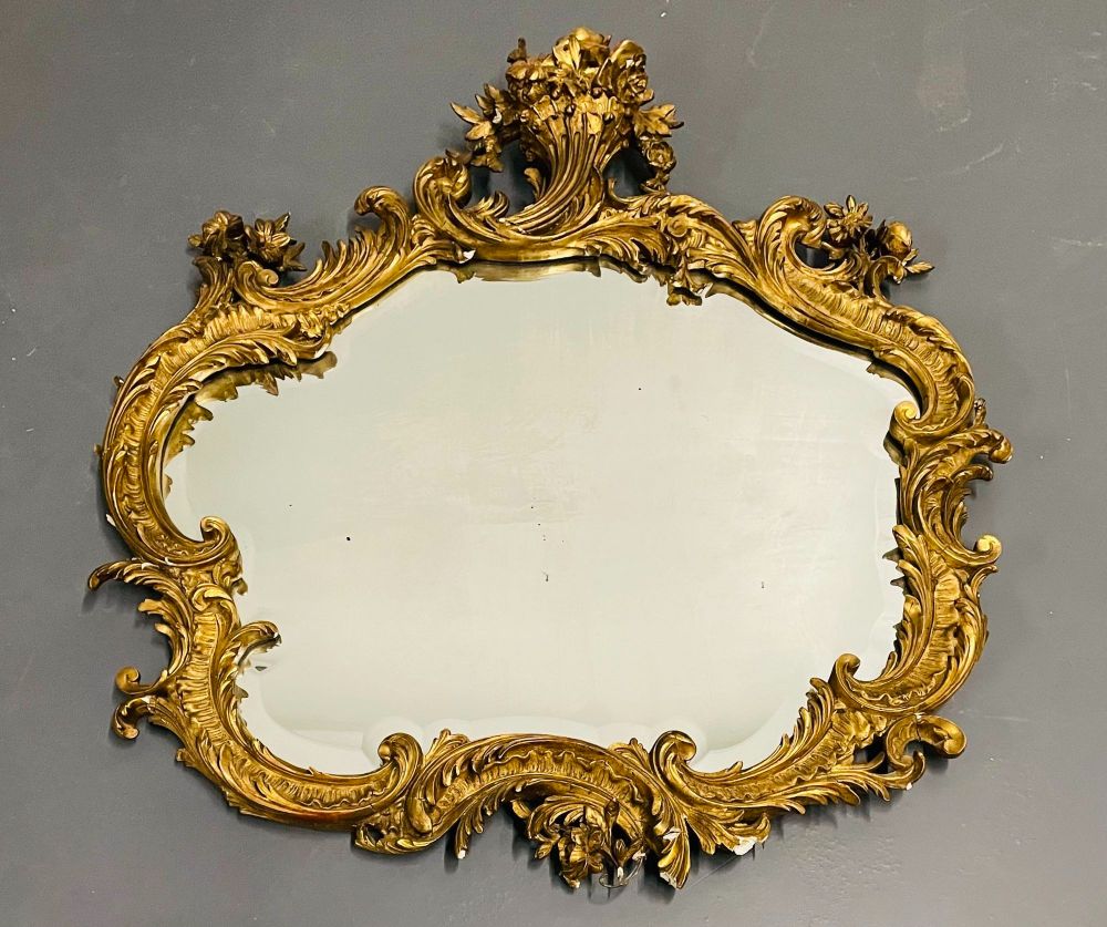 19th 20th Century Giltwood French Mirror, Wall or Console, Floral Decorated