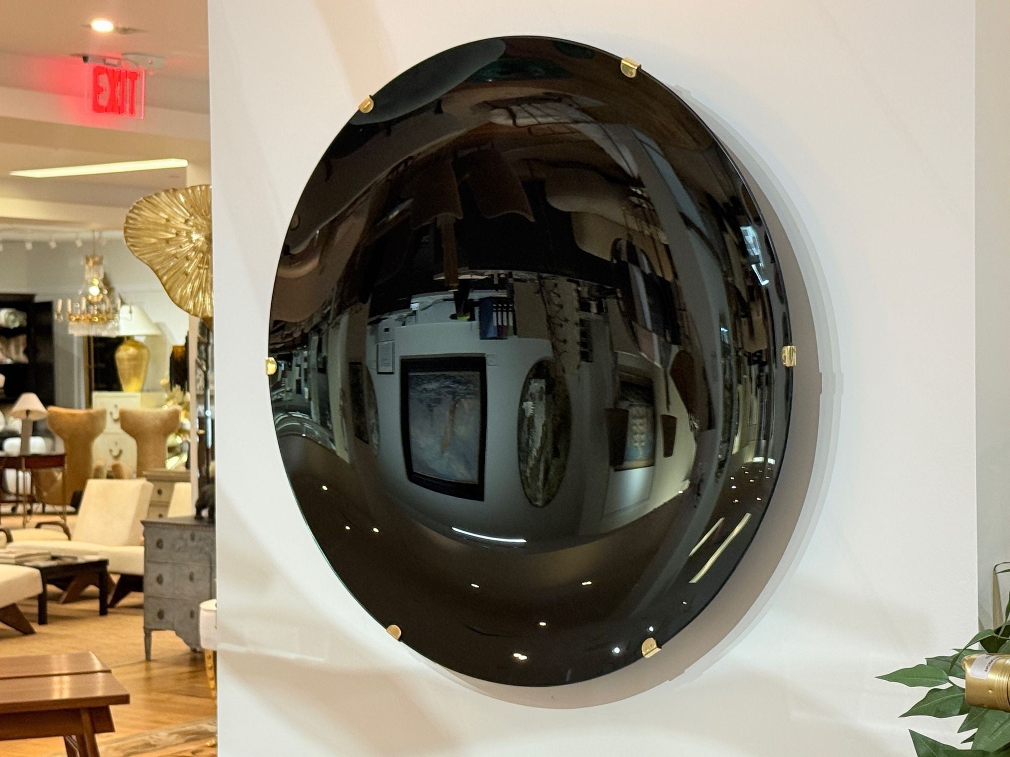 Contemporary, Concave Glass, Brass, Black Modern Space Age Wall Mirror