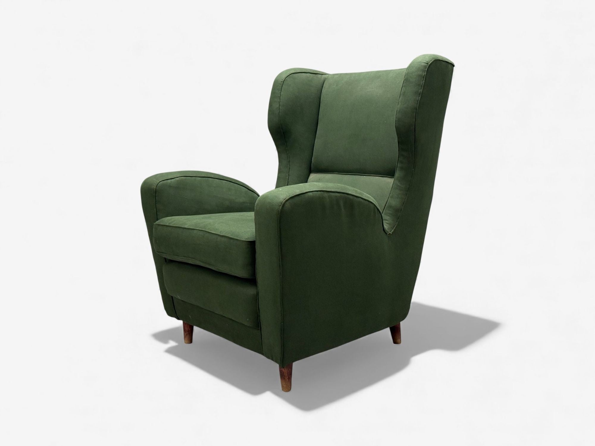 Melchiorre Bega attr., Dark Green Fabric, Wood, Lounge Chair, Italy, 1950s