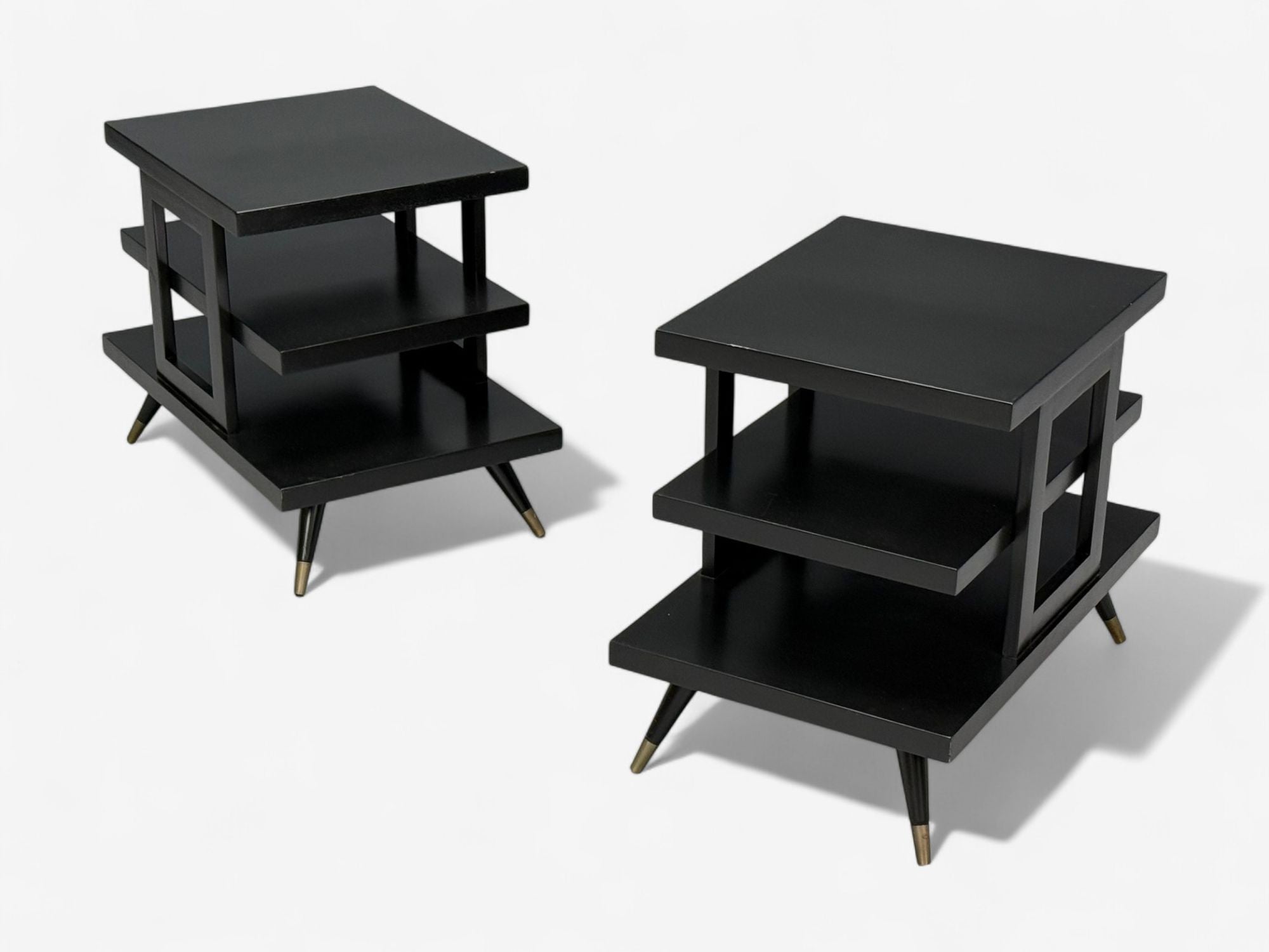 Ico Parisi Style, Ebonized Wood, Brass, Sculptural Side Tables, Europe, 1950s