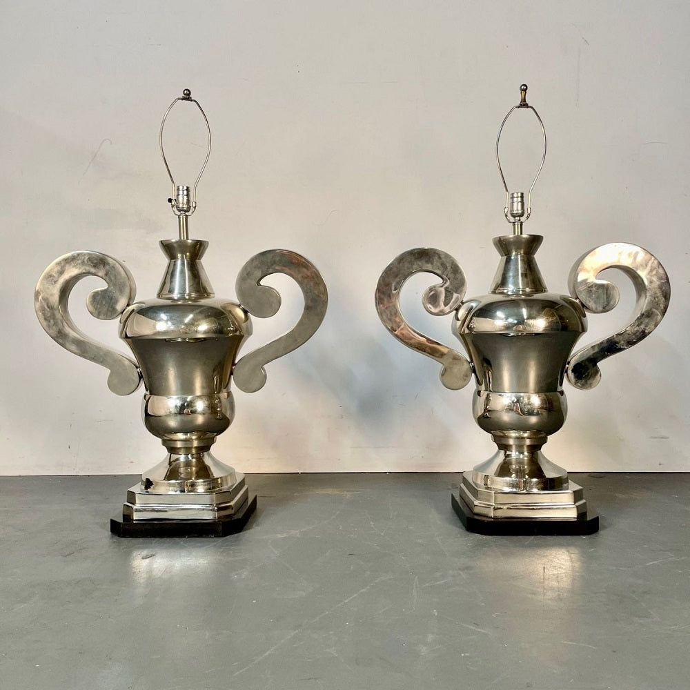 Pair of Hollywood Regency Polished Nickel Table Lamps, Large Urns