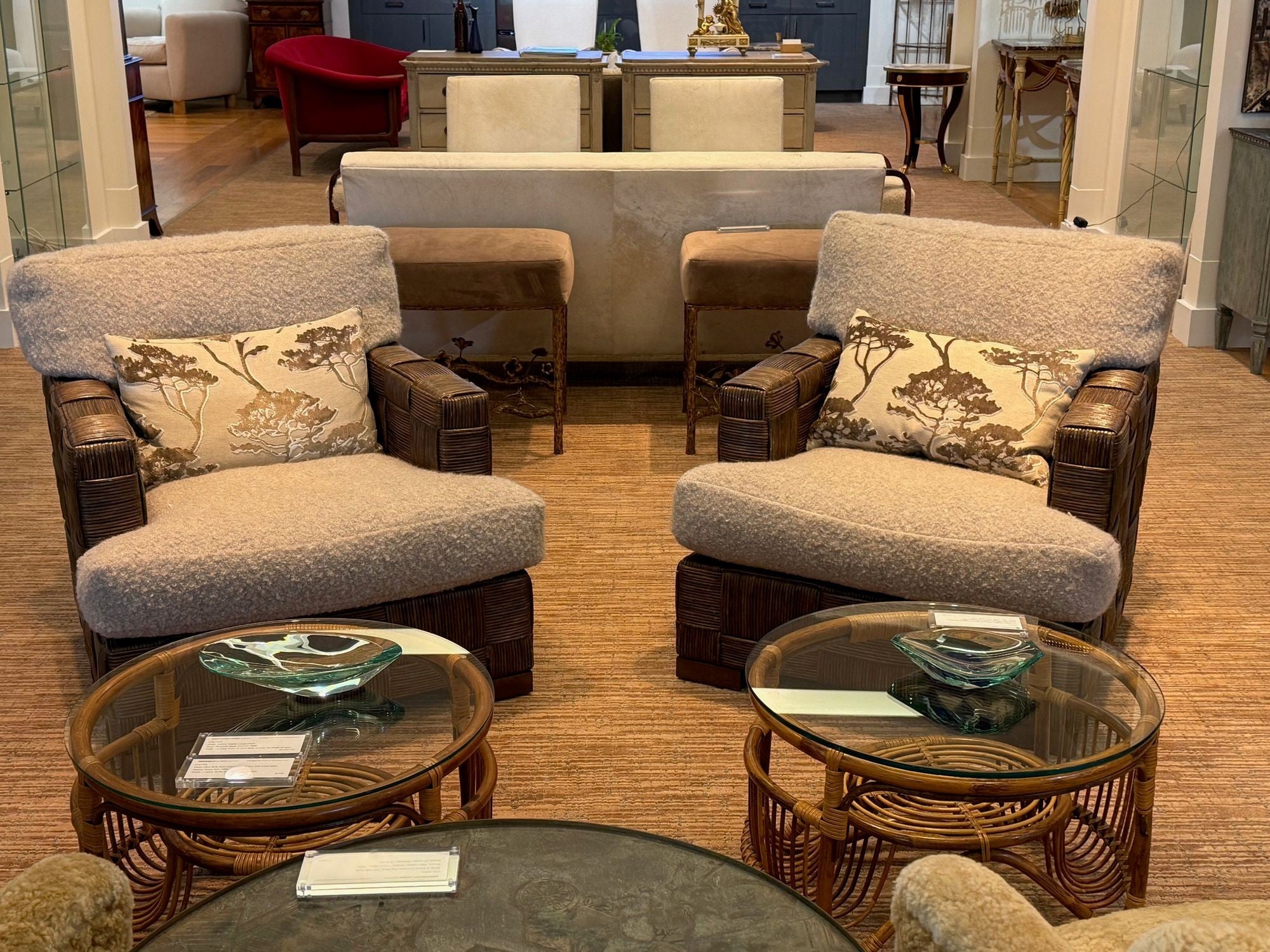 John Hutton, Woven Cane, Mahogany, Oversized Lounge Chairs, USA, 1990s