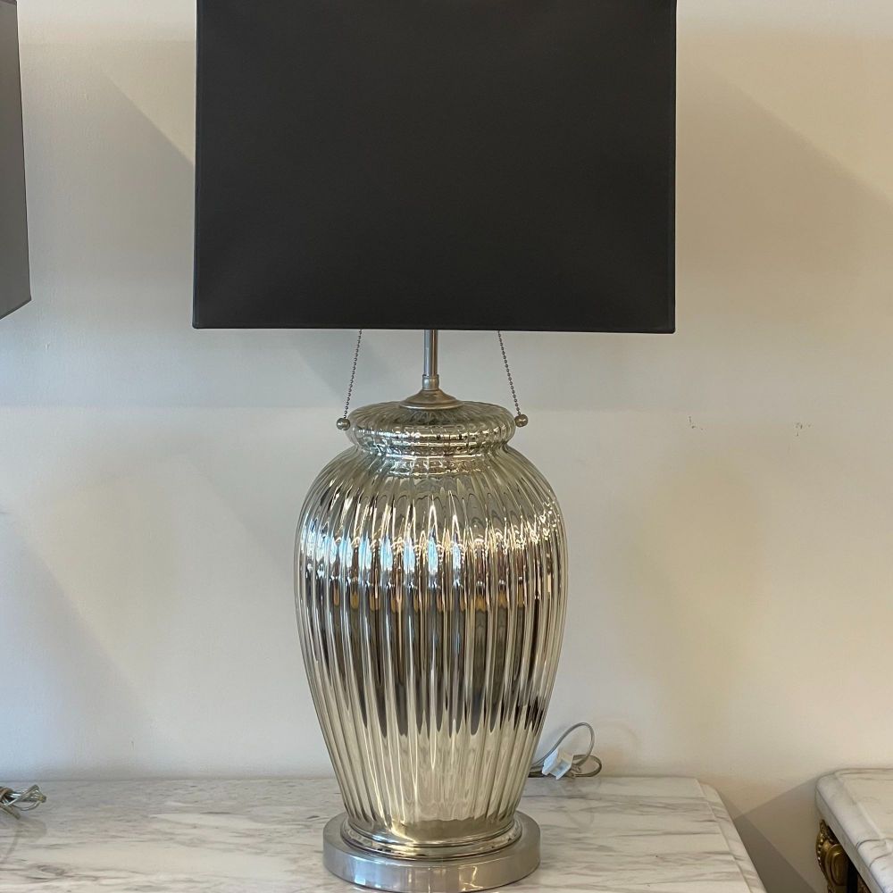 Pair of Mid-Century Modern Silver Table Lamps, Mercury Glass, Brass, Urn-Shaped