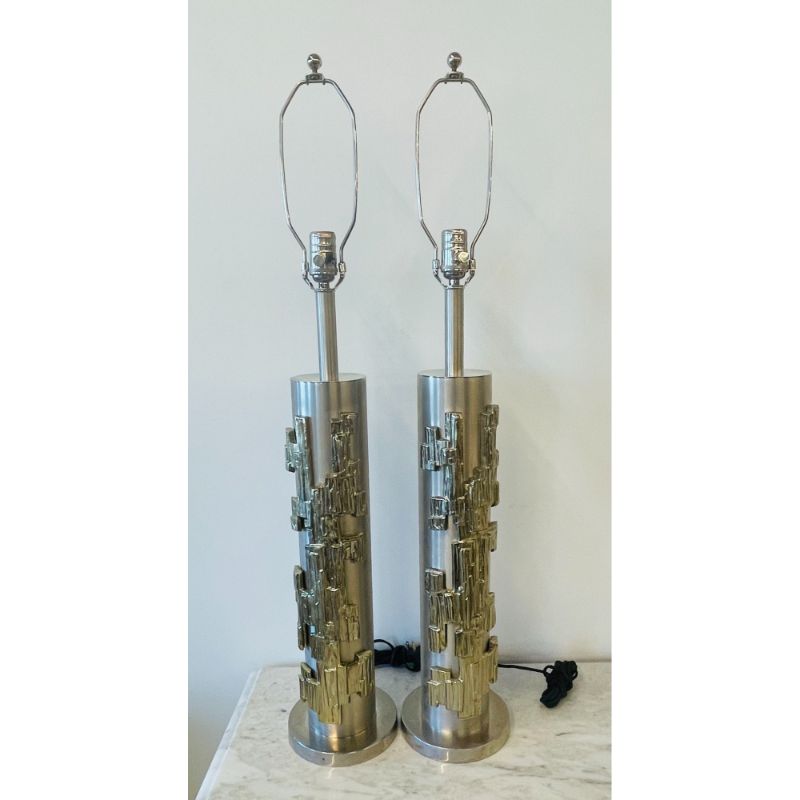 A Pair of Modernist Table Lamps, Brushed Nickel and Sculptural Metal, 1970s