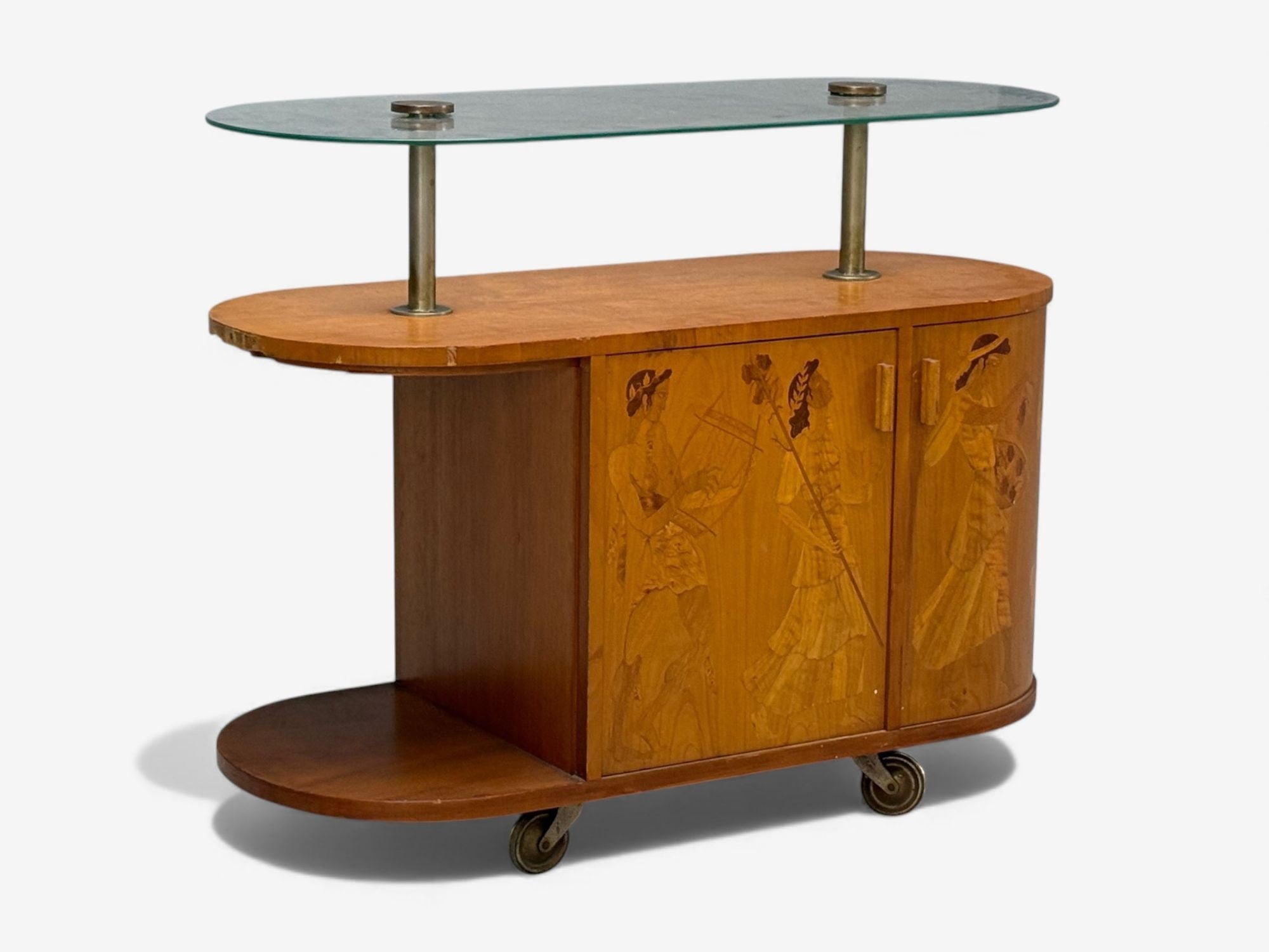 Erik Mattsson, Art Deco, Marquetry, Glass, Rare Bar Cart, Sweden c. 1939