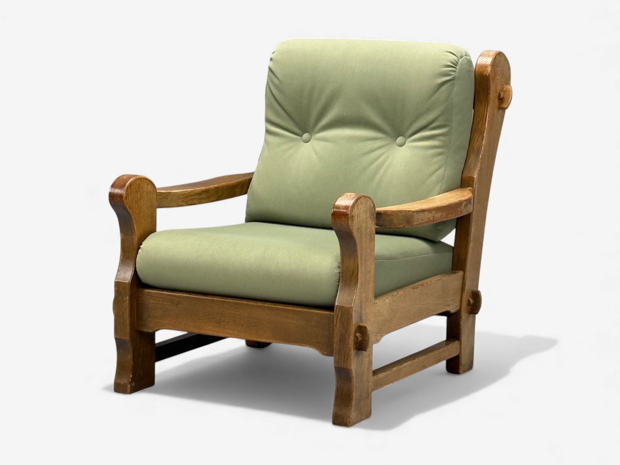 Danish Modern, Oak, Green Nubuck, Brutalist Lounge Chair, Denmark, 1960s