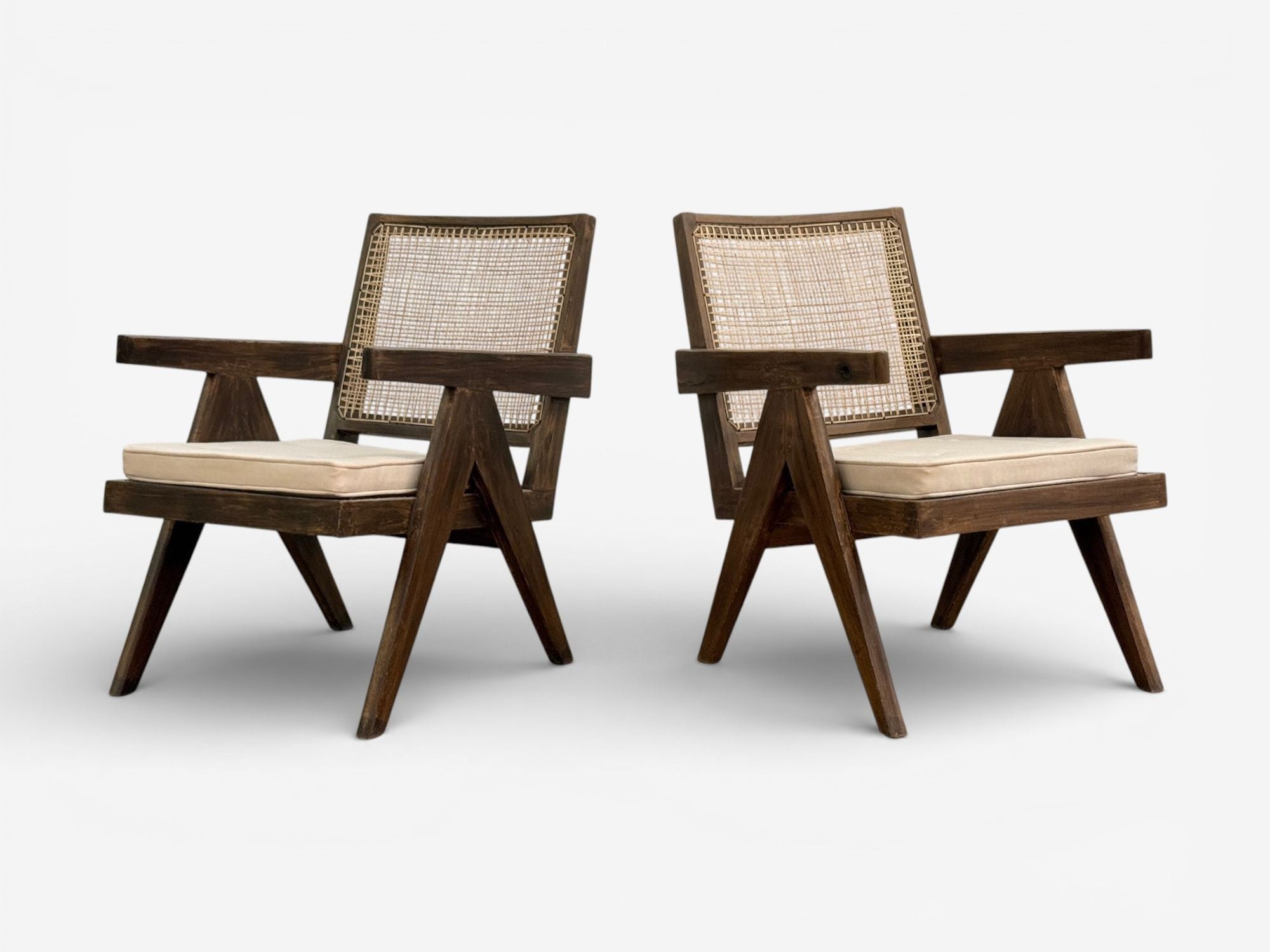 Pierre Jeanneret, Teak, Cane, Low Easy Chairs, Chandigarh, India c. 1960s