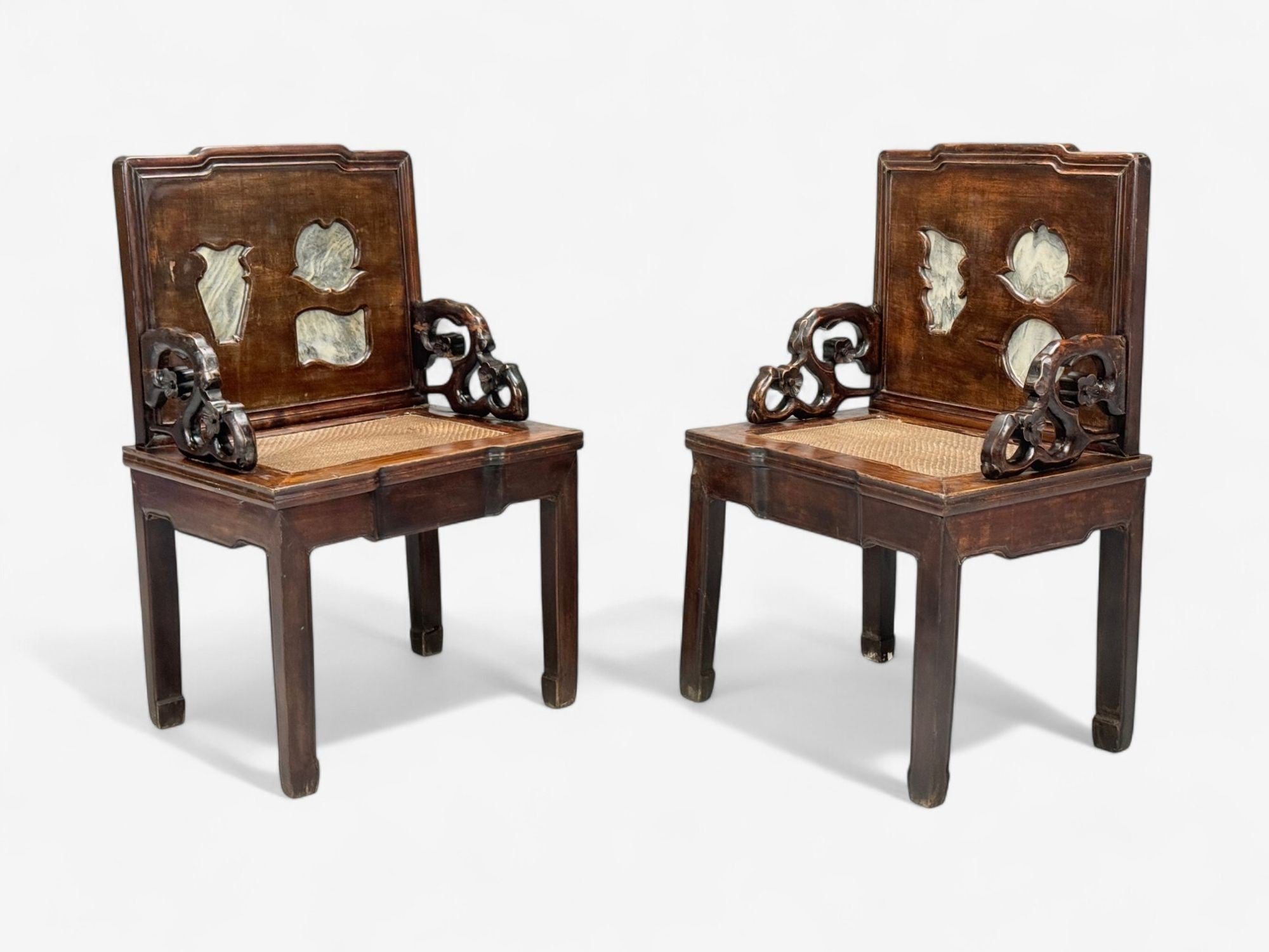 Qing Dynasty Style, Hardwood, Cane, Marble, Chinese Armchairs, China, 19th c.