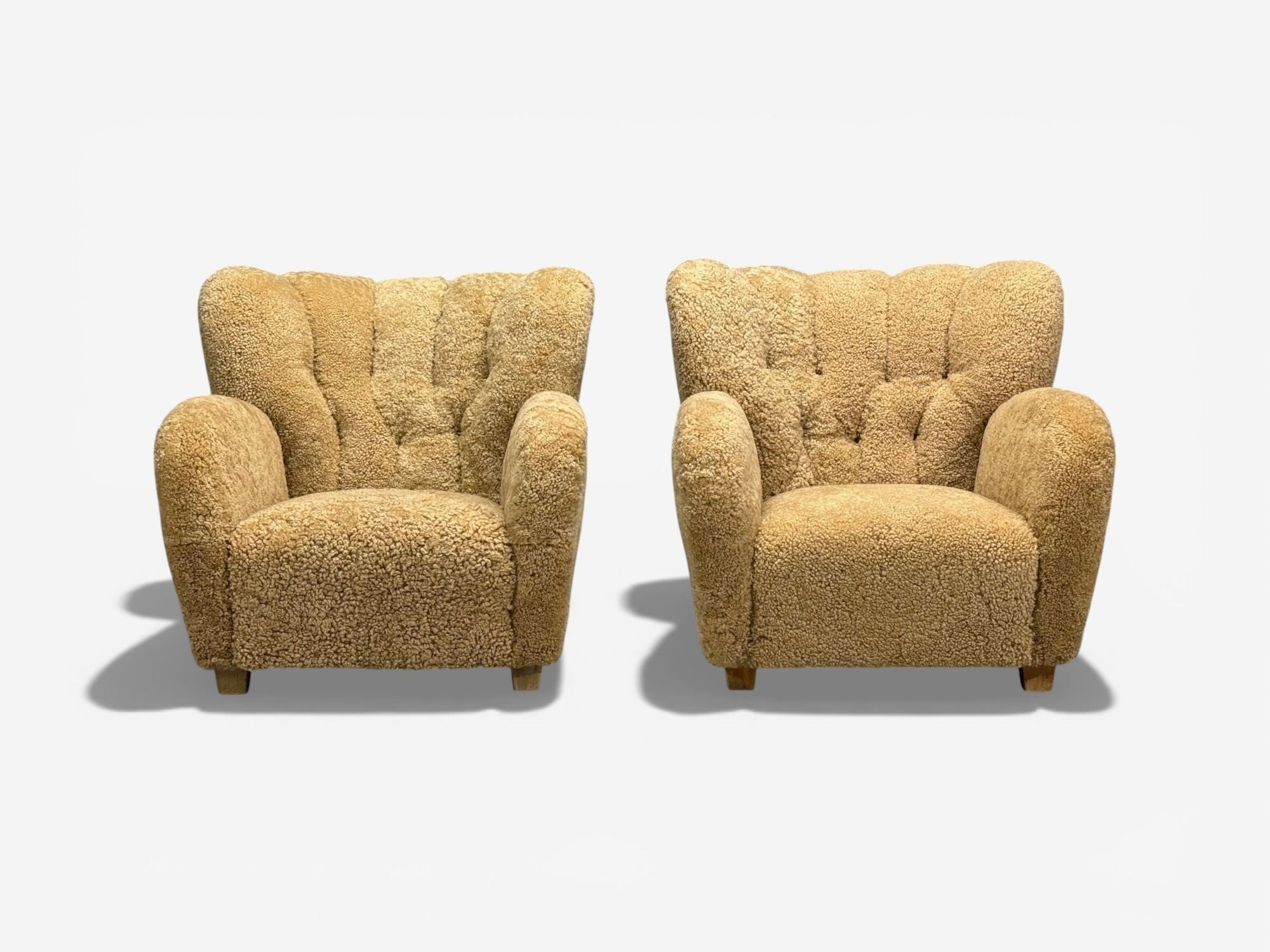 Finnish Modern, Organic Lounge Chairs, Shearling, Wood, Finland, 1940s