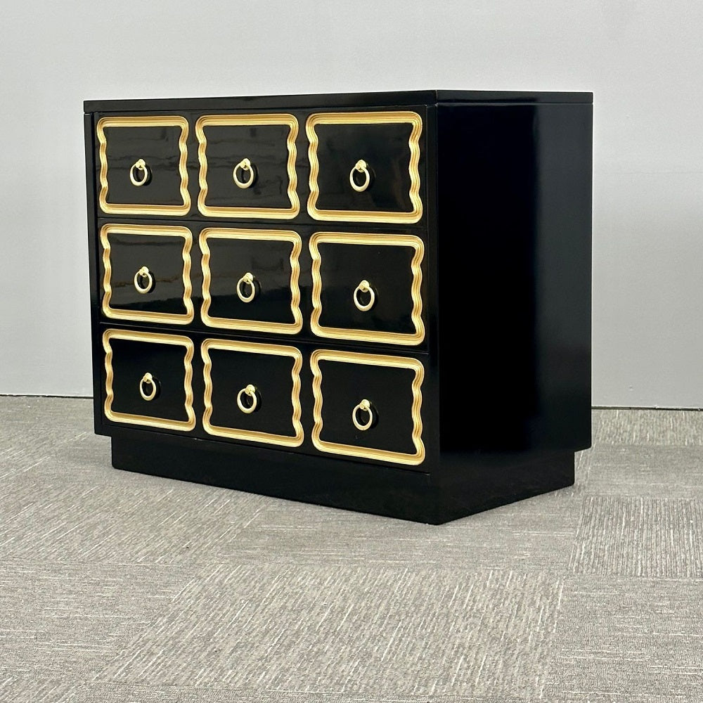 Dorothy Draper Style, Hollywood Regency, Commodes, Black Lacquer, Gilt, Brass