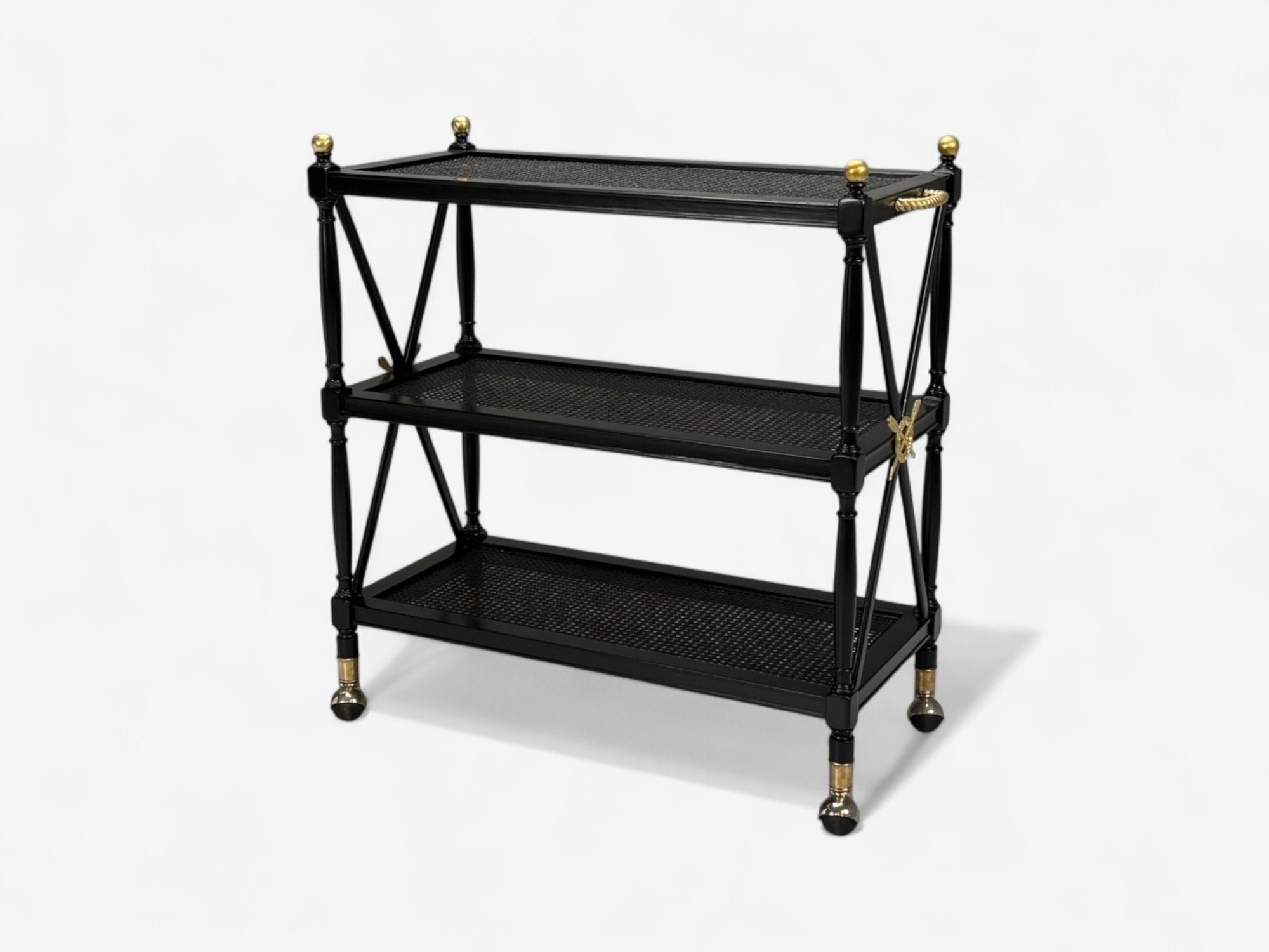 Federal Style, Painted Wood, Cane, Ebonized Bar Cart, USA, 1970s