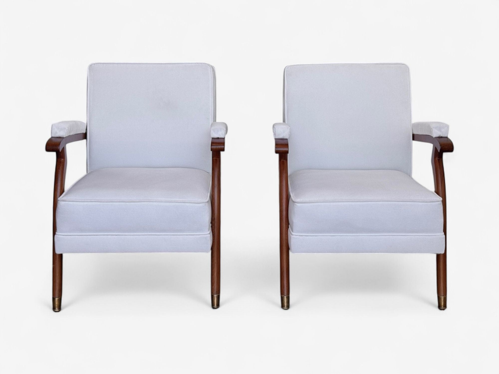 Maison Leleu Style, French Modern, White Mohair, Wood, Lounge Chairs, 1970s