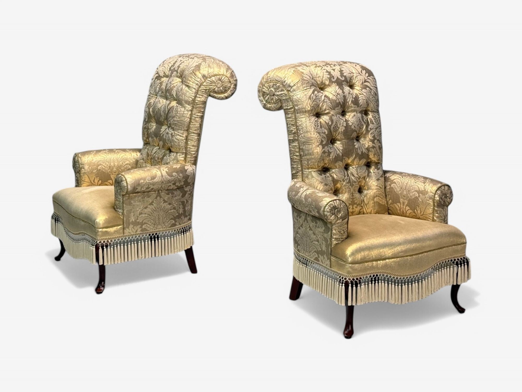 Victorian Style, Large Armchairs, Silk Fabric, Stained Wood, USA, 20th C.